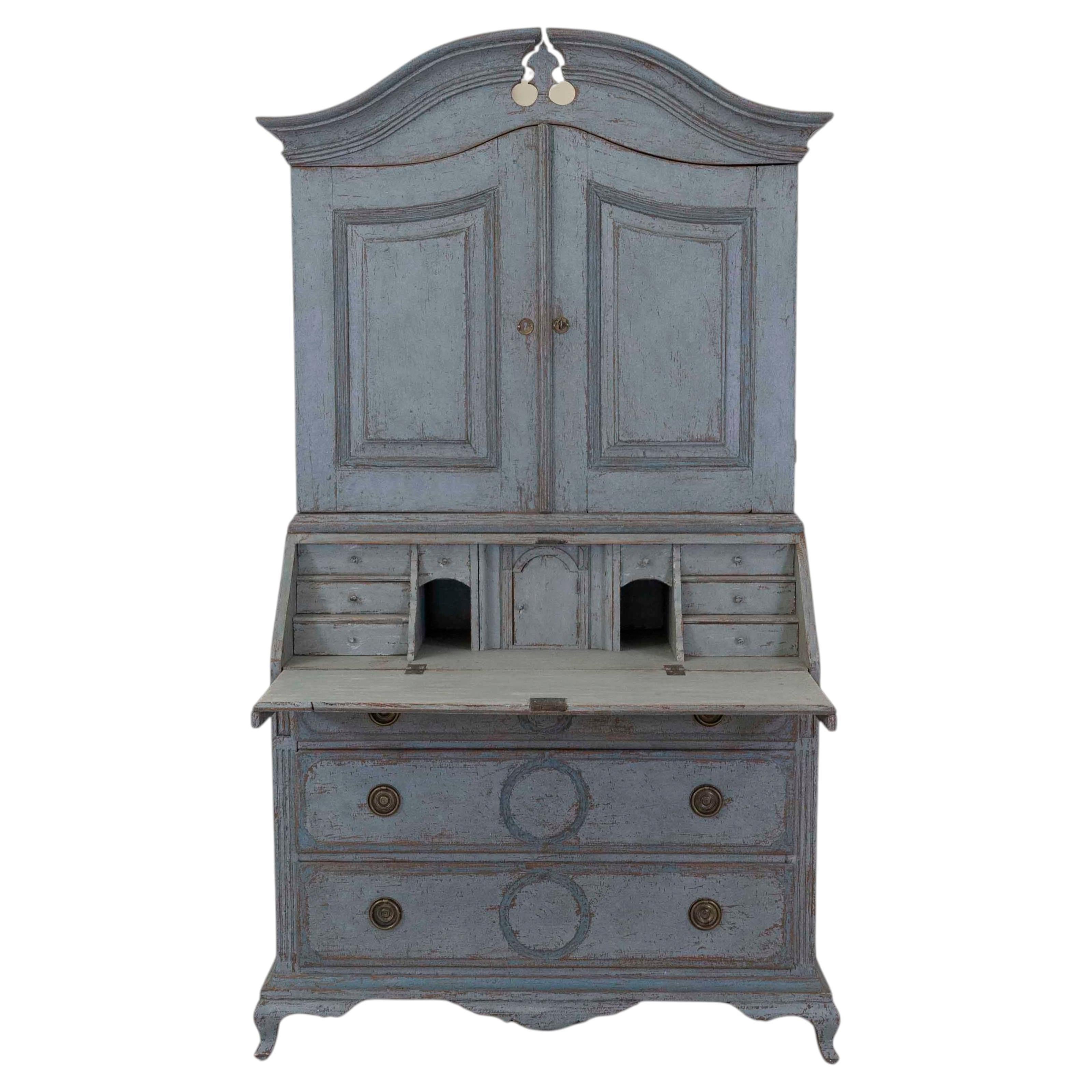 Scandinavian 18th Century Blue-Painted Two-Part Bureau For Sale