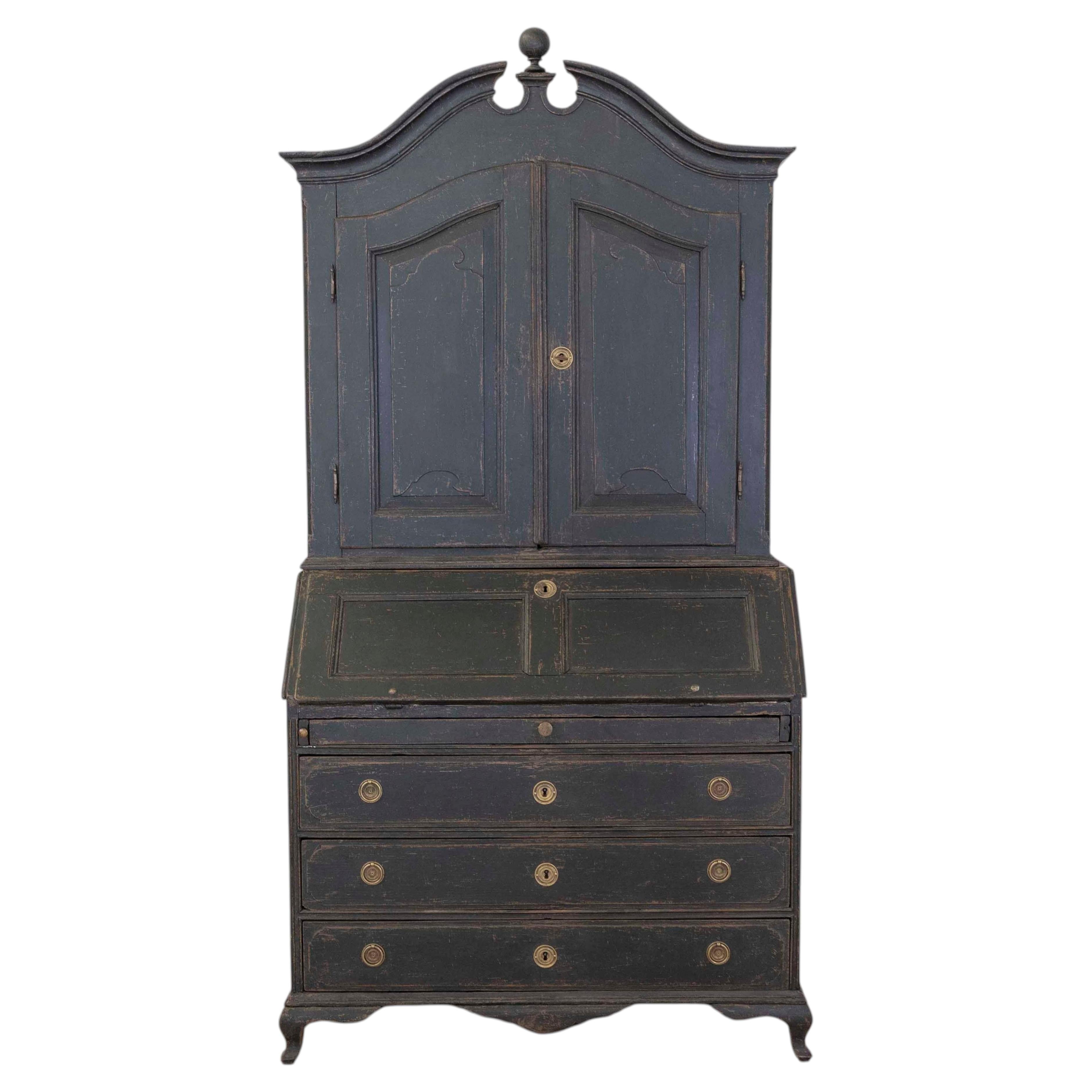 Scandinavian 18th Century Black-Painted Carved Bureau For Sale