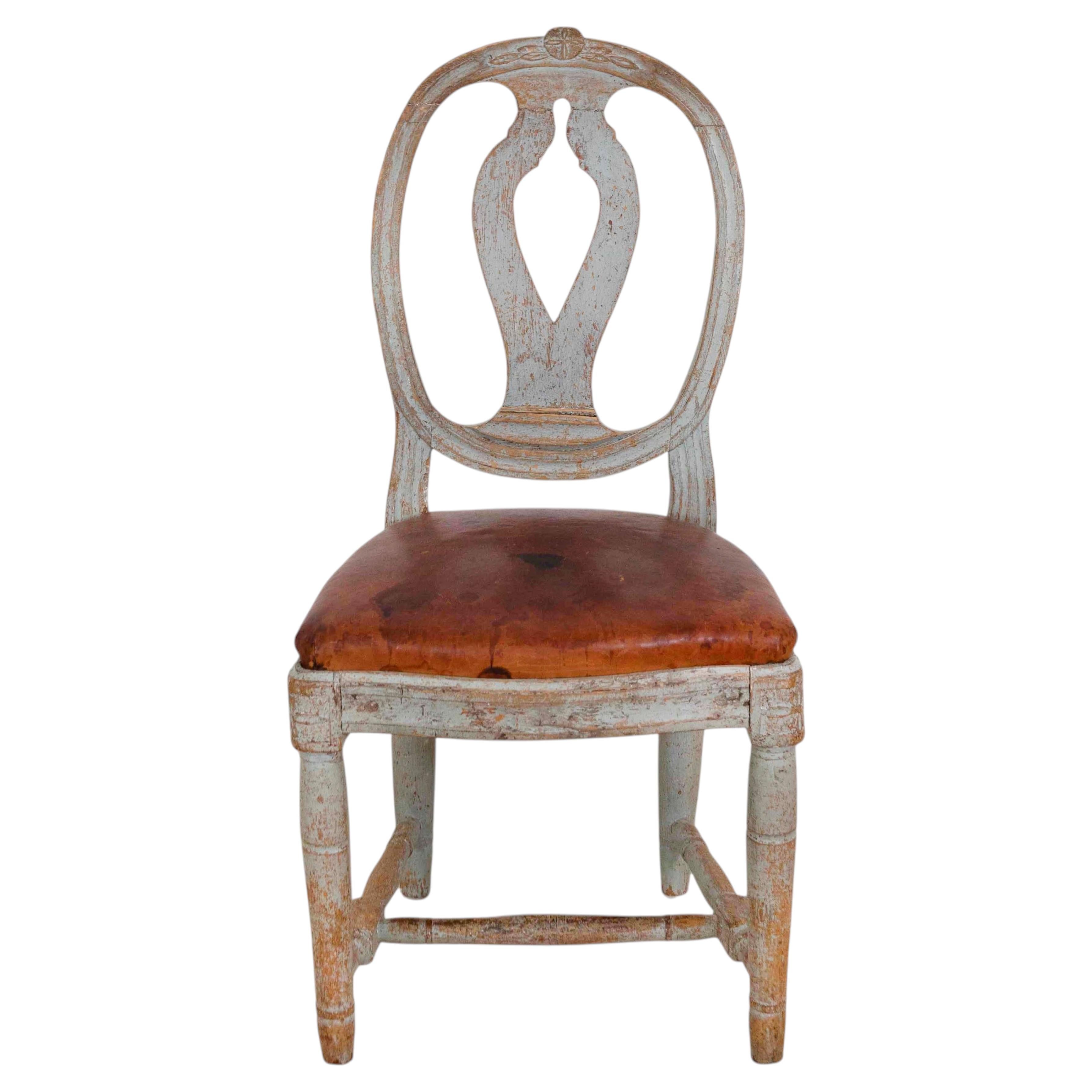 18th Century Swedish Gustavian Chair with Original Paint and Leather Seat For Sale
