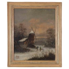 Henry Chenu, Winter Landscape with Windmill, Oil on Panel
