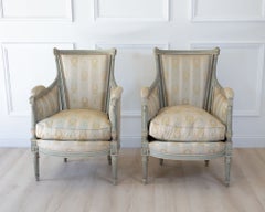 Pair of Louis XVI Style Painted Bergeres in Soft Green, Late 19th Century