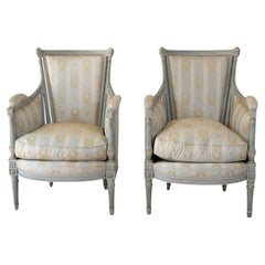 Pair of Louis XVI Style Painted Bergeres in Soft Green, Late 19th Century