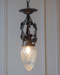 Art Deco Wrought Iron Pendant Light with Opaline Glass Shade