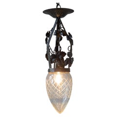 Art Deco Wrought Iron Pendant Light with Opaline Glass Shade
