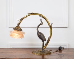 French 20th Century Art Nouveau Bronze Heron Lamp