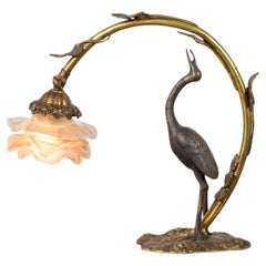 French 20th Century Art Nouveau Bronze Heron Lamp