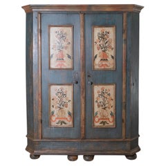 Alpine late 18th Century Blue Painted Wardrobe with Hand-Painted