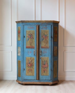 Tyrolean Early 19th Century Blue Painted Wardrobe with Hand-Painted Floral Panel