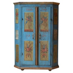 Tyrolean Early 19th Century Blue Painted Wardrobe with Hand-Painted Floral Panel