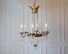 20th-Century Gilt-Iron Six-Light Basket Chandelier with Crystal Drops