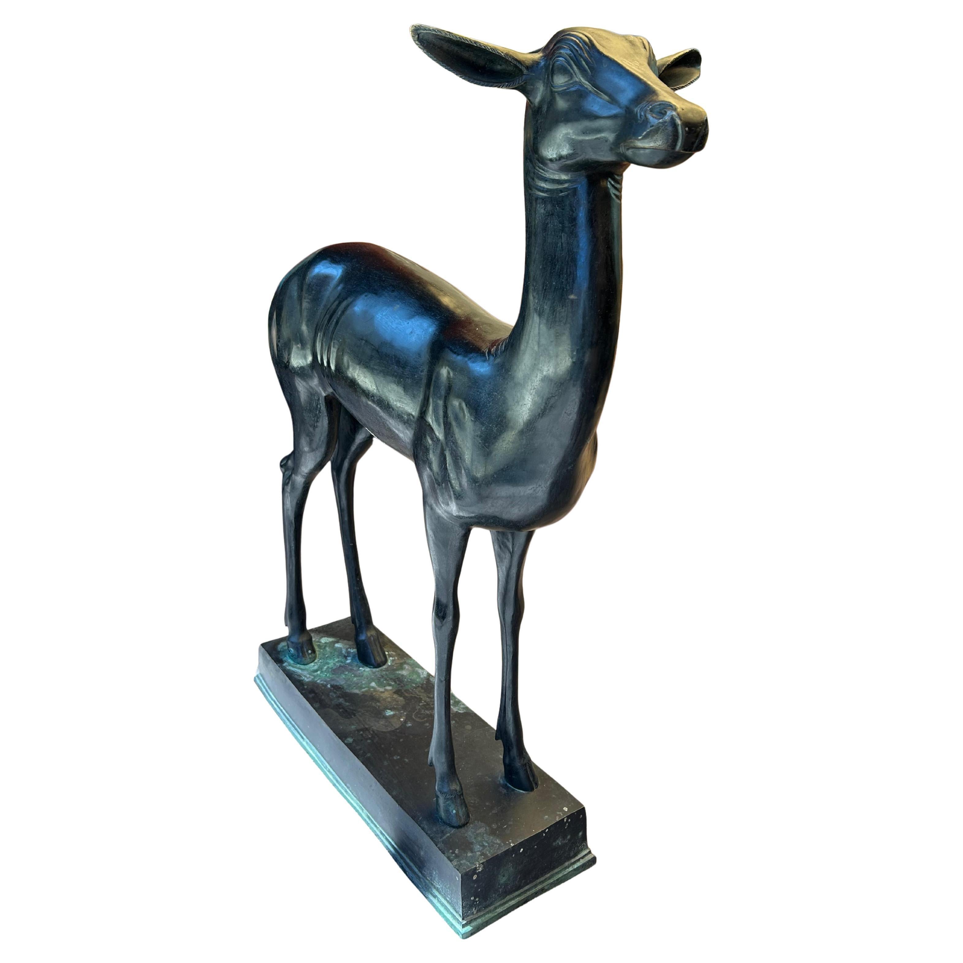 Patinated Cast Bronze Deer Statue For Sale
