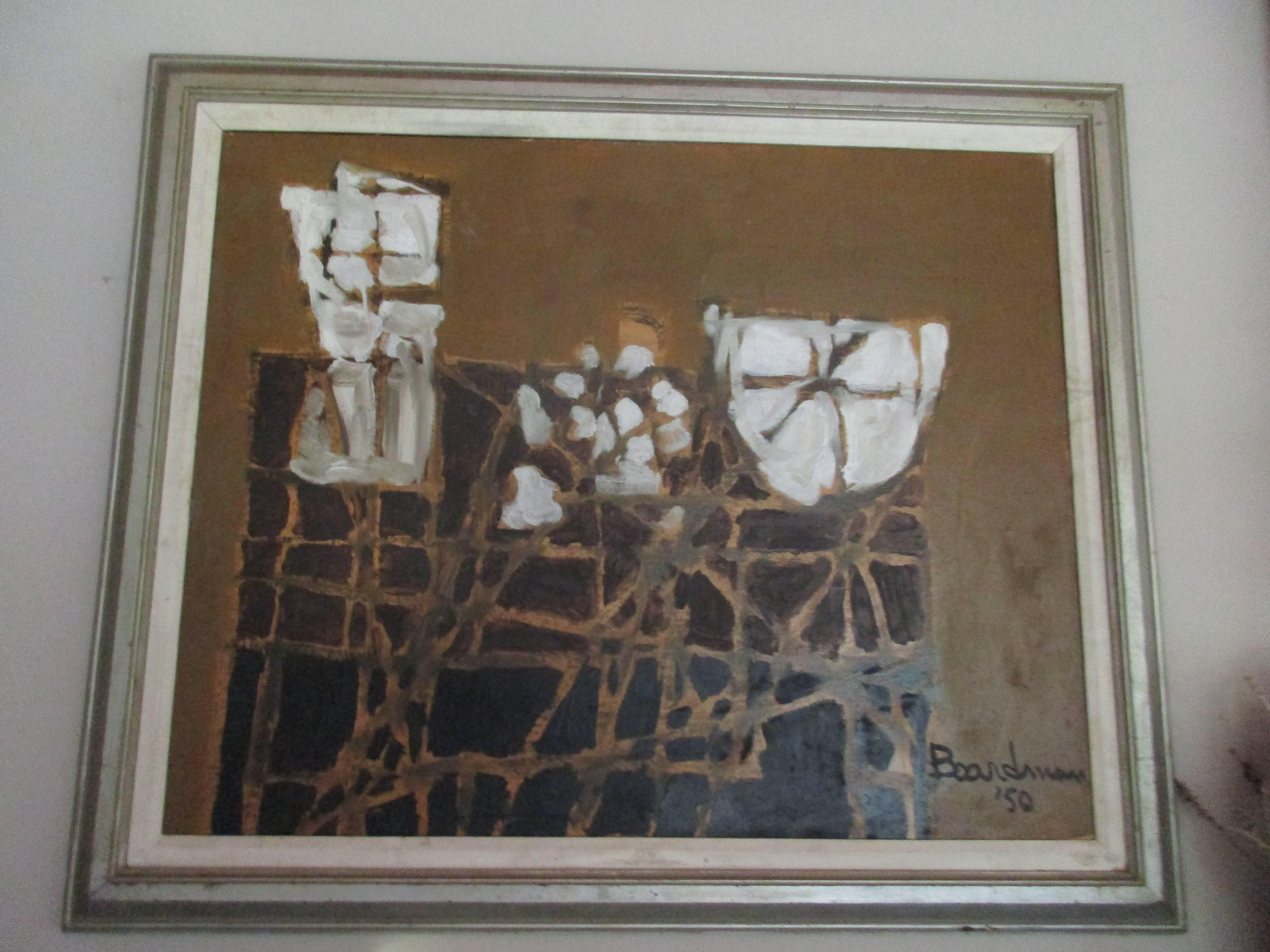 Huile sur toile semi-abstraite du milieu du siècle dernier, datée '50, signée Boardman dans un cadre en bois de l'époque