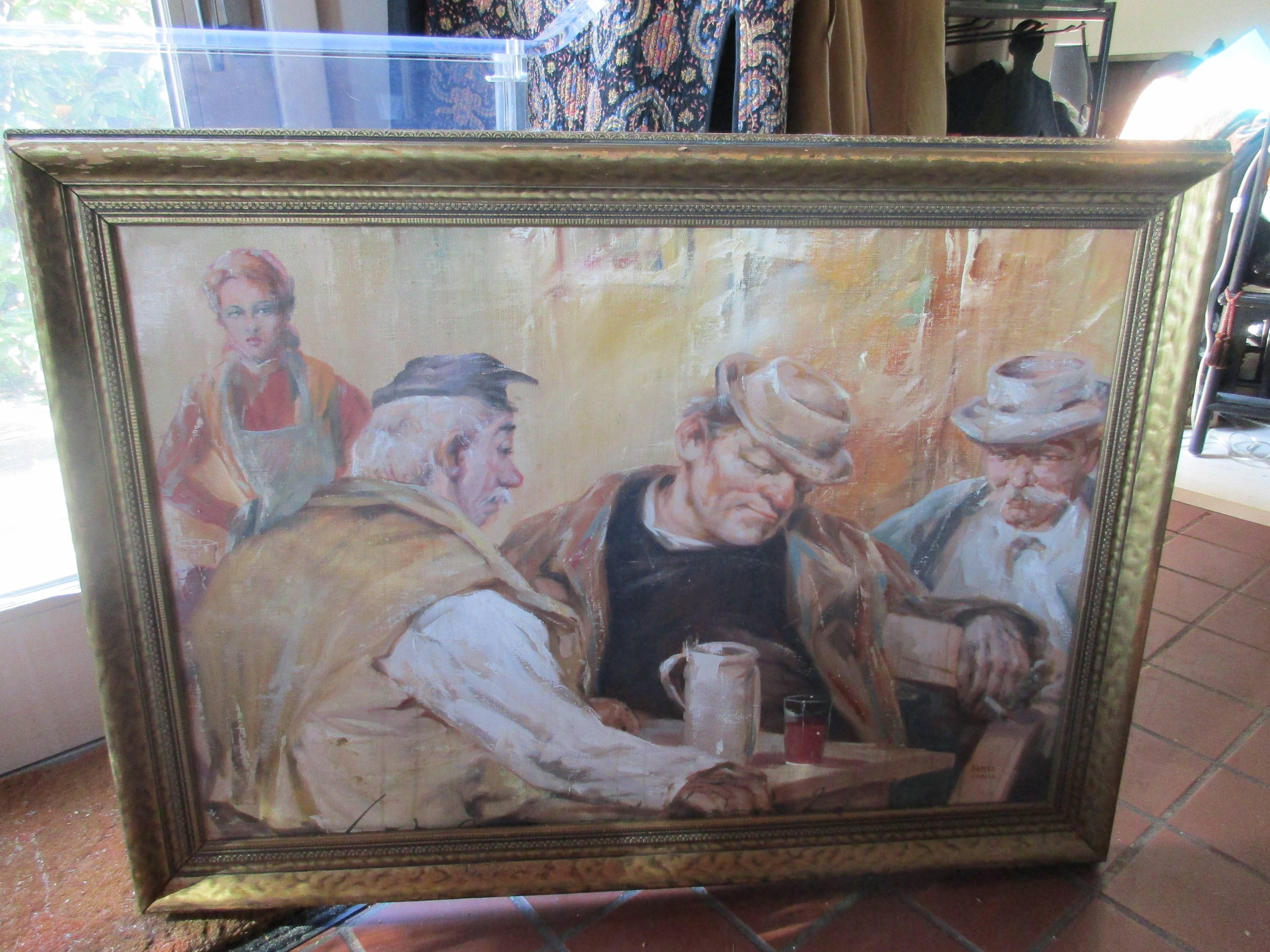 James Carlin Listed American Artist (1906-2005) bar scene oil on canvas in a wood
Frame. Measures: 30 x 40.