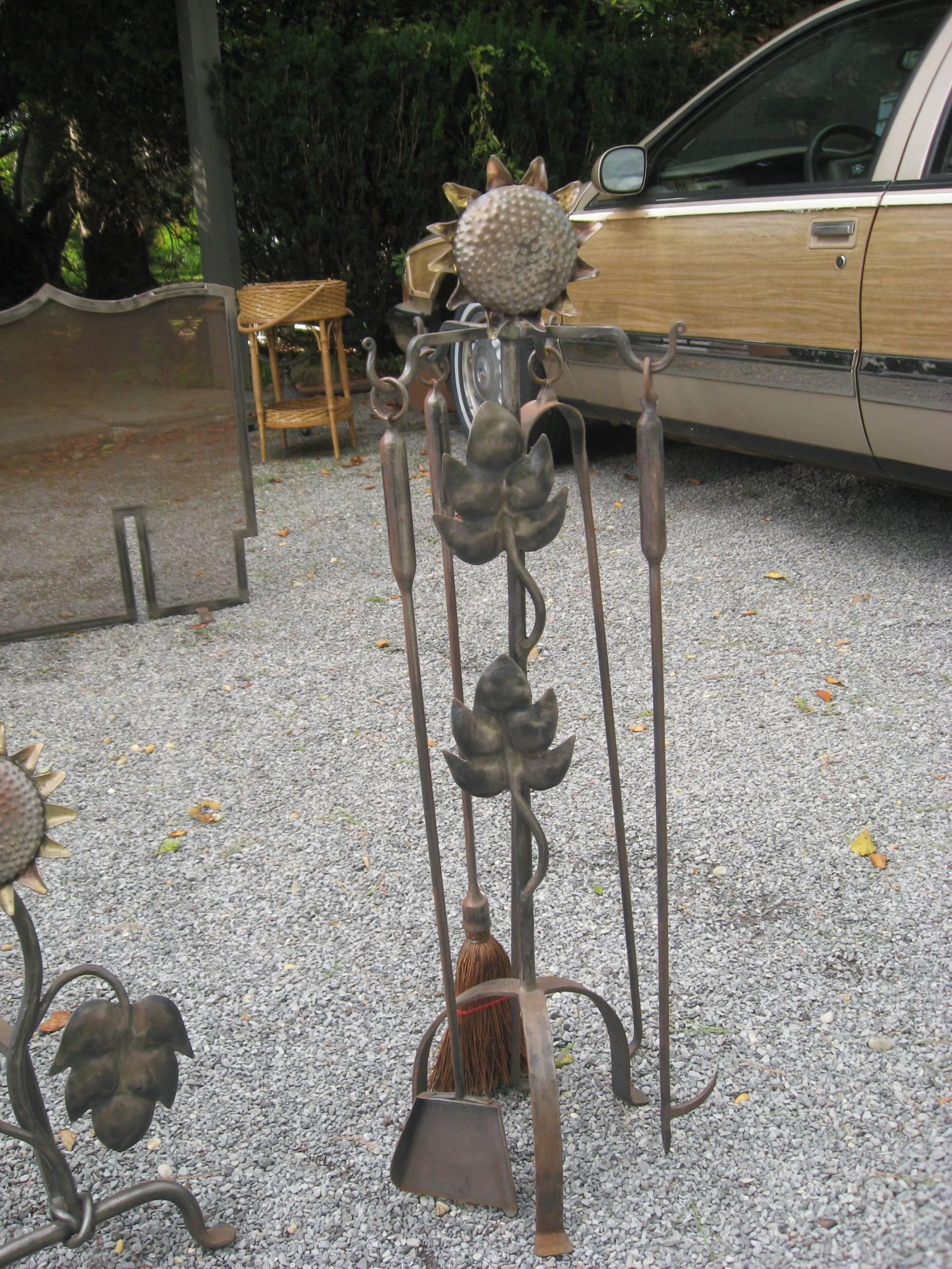 American Sun Flower Hand-Forged Fireplace Set by Patrice Humbert
