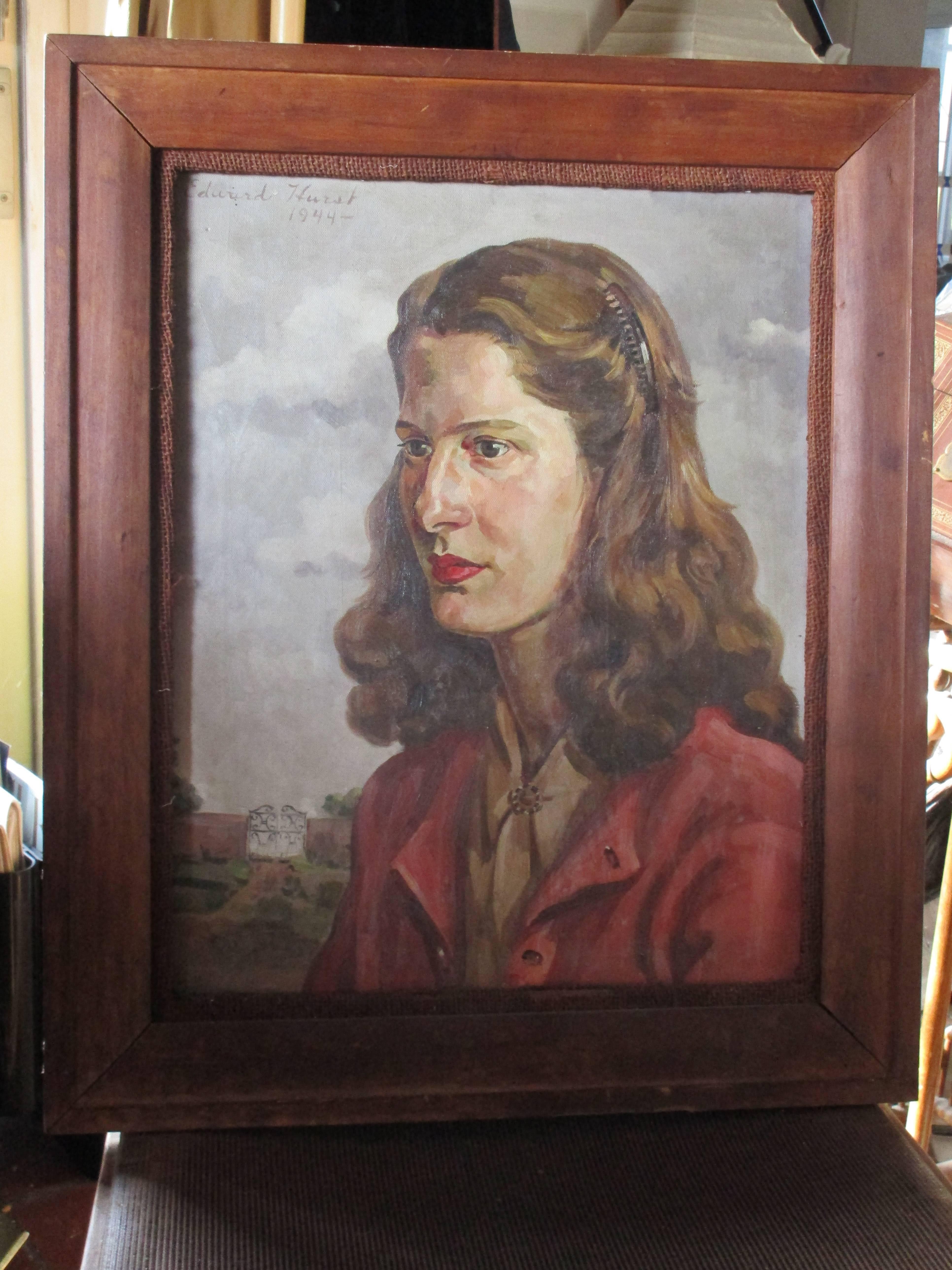 Oil on canvas 1944 portrait by Edward Hurst (1912-1972) listed American Society artist.
In a wood frame.
