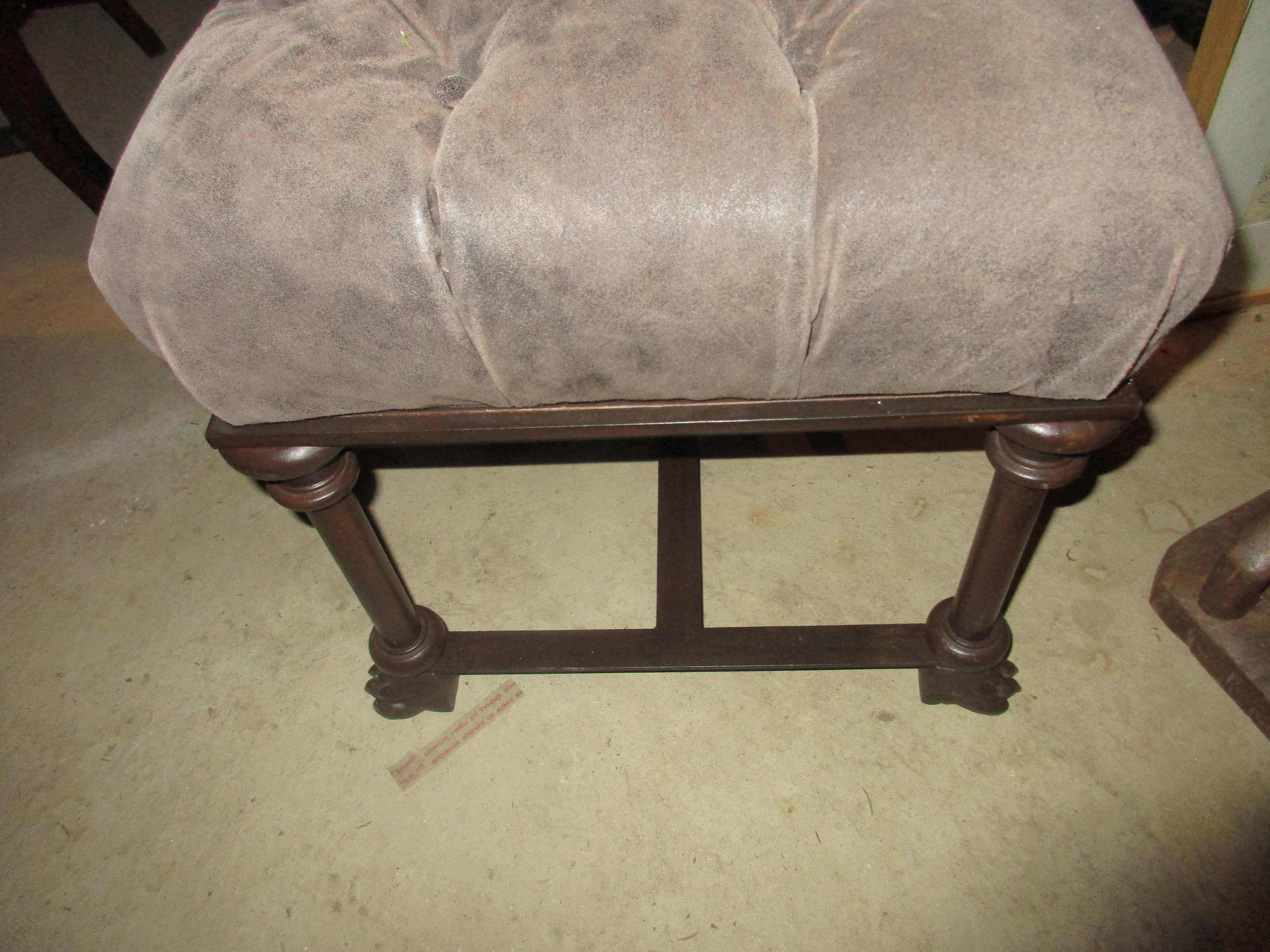 Pair of iron and suede tufted French Benches with lion paws. Great patina very heavy.