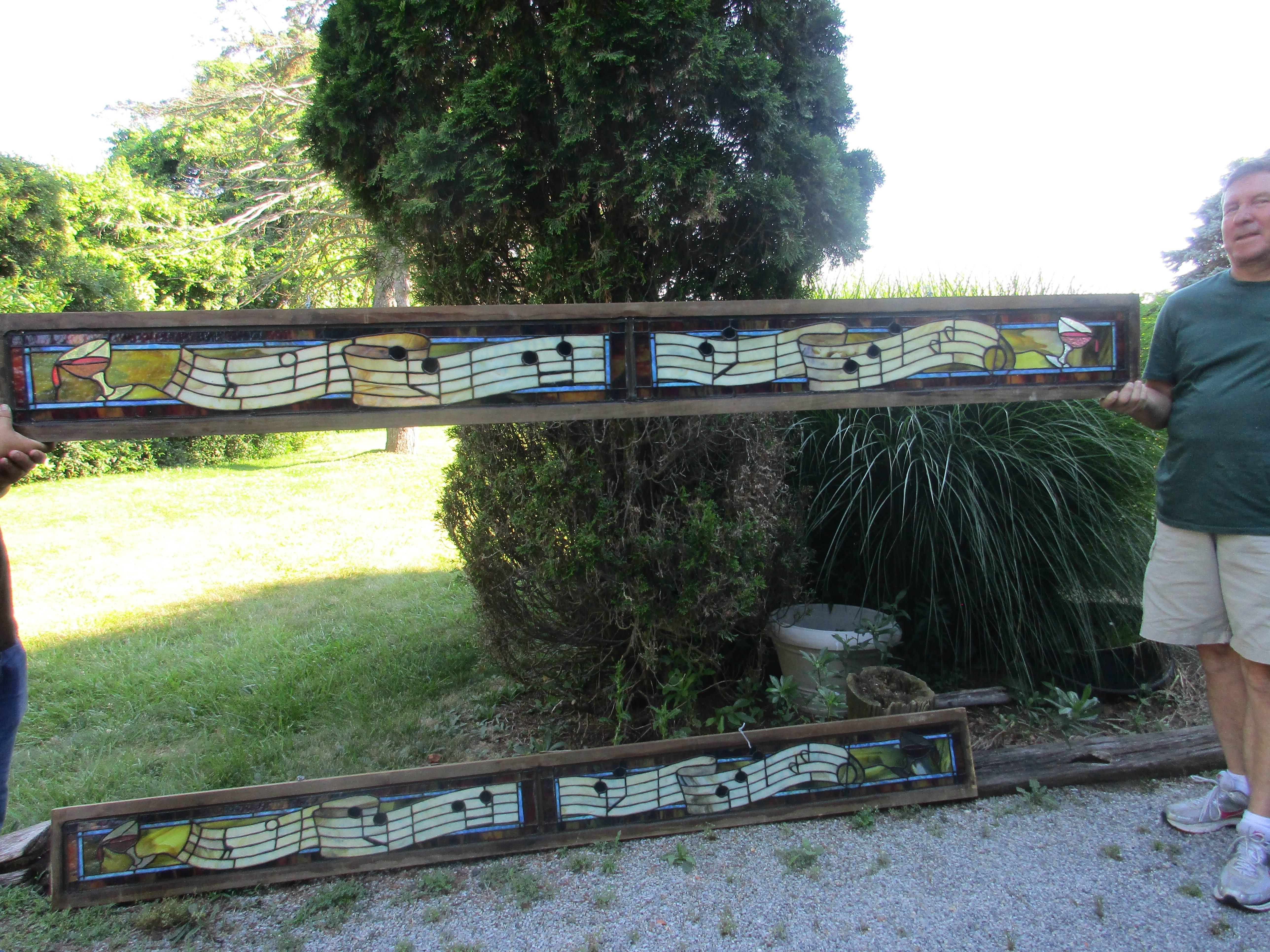 Pair of Musical Stained Glass Panels In Good Condition In Water Mill, NY