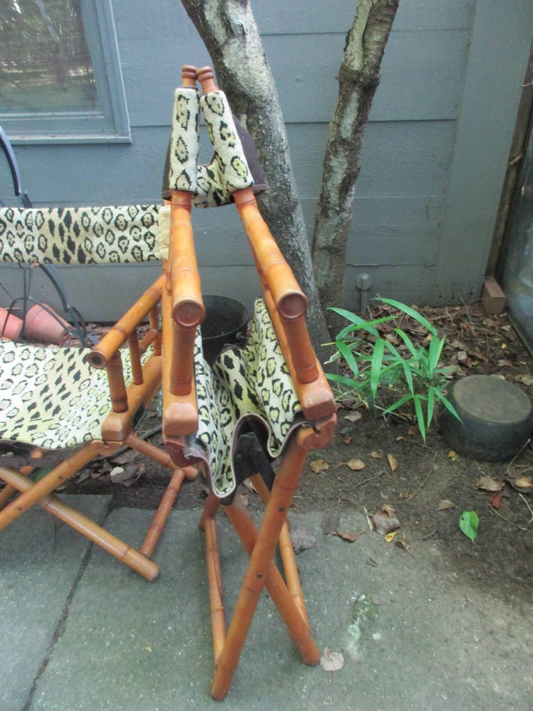 Leopard Needlepoint MidCentury Pair of Faux Bamboo Folding Chairs For