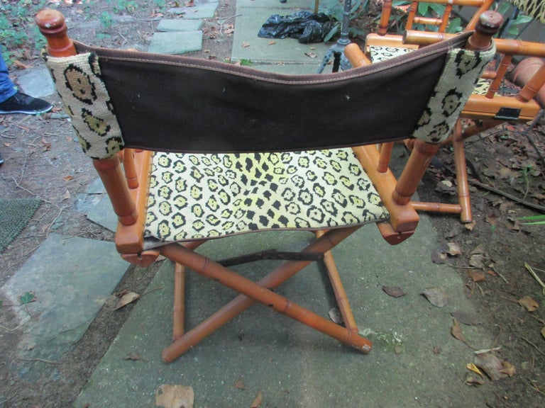 Leopard Needlepoint MidCentury Pair of Faux Bamboo Folding Chairs For