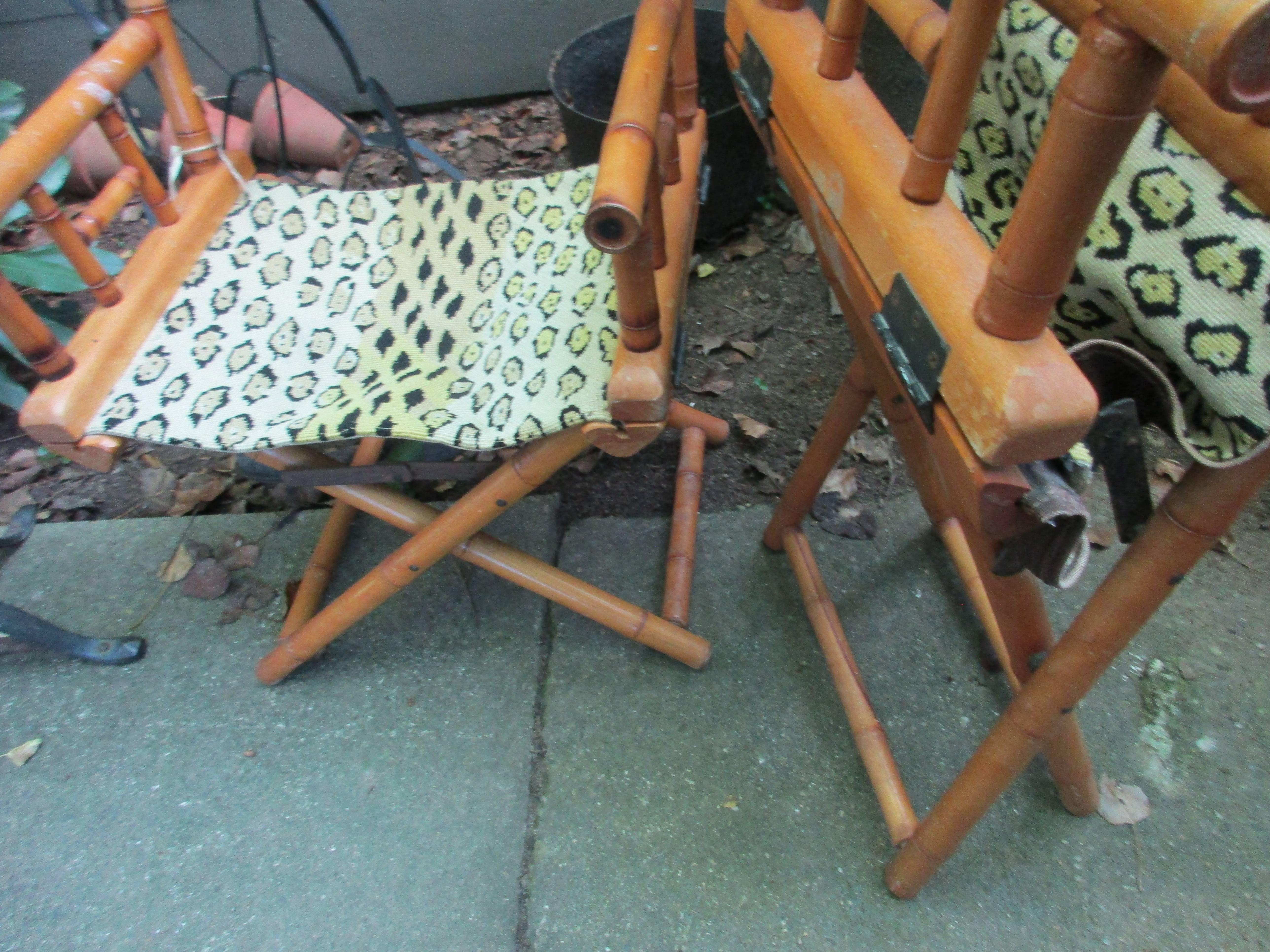 Mid-Century Modern Leopard Needlepoint Mid-Century Pair of Faux Bamboo Folding Chairs  For Sale