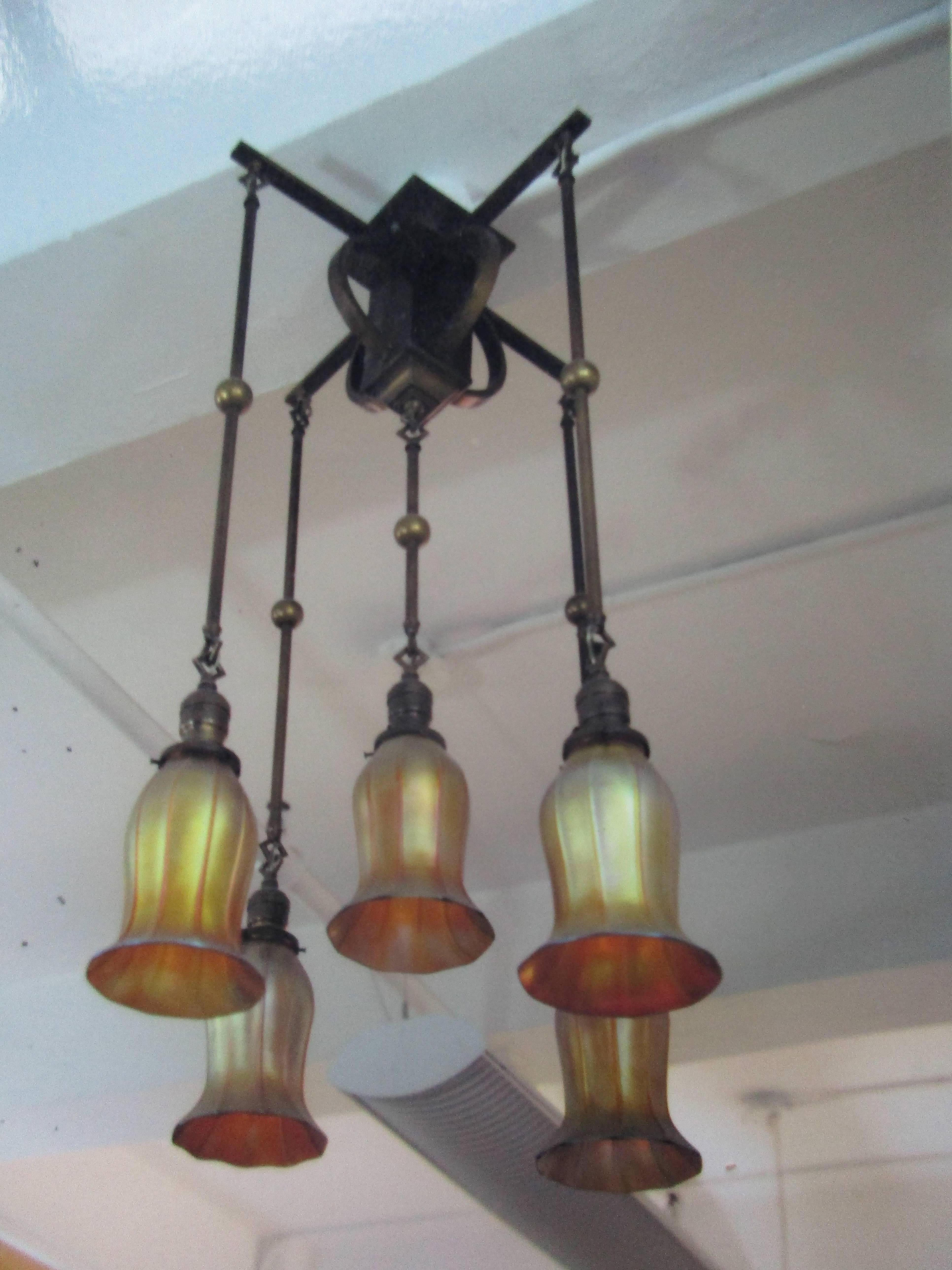 Art Nouveau Quezal and Brass Flush Mount Chandelier In Excellent Condition In Water Mill, NY