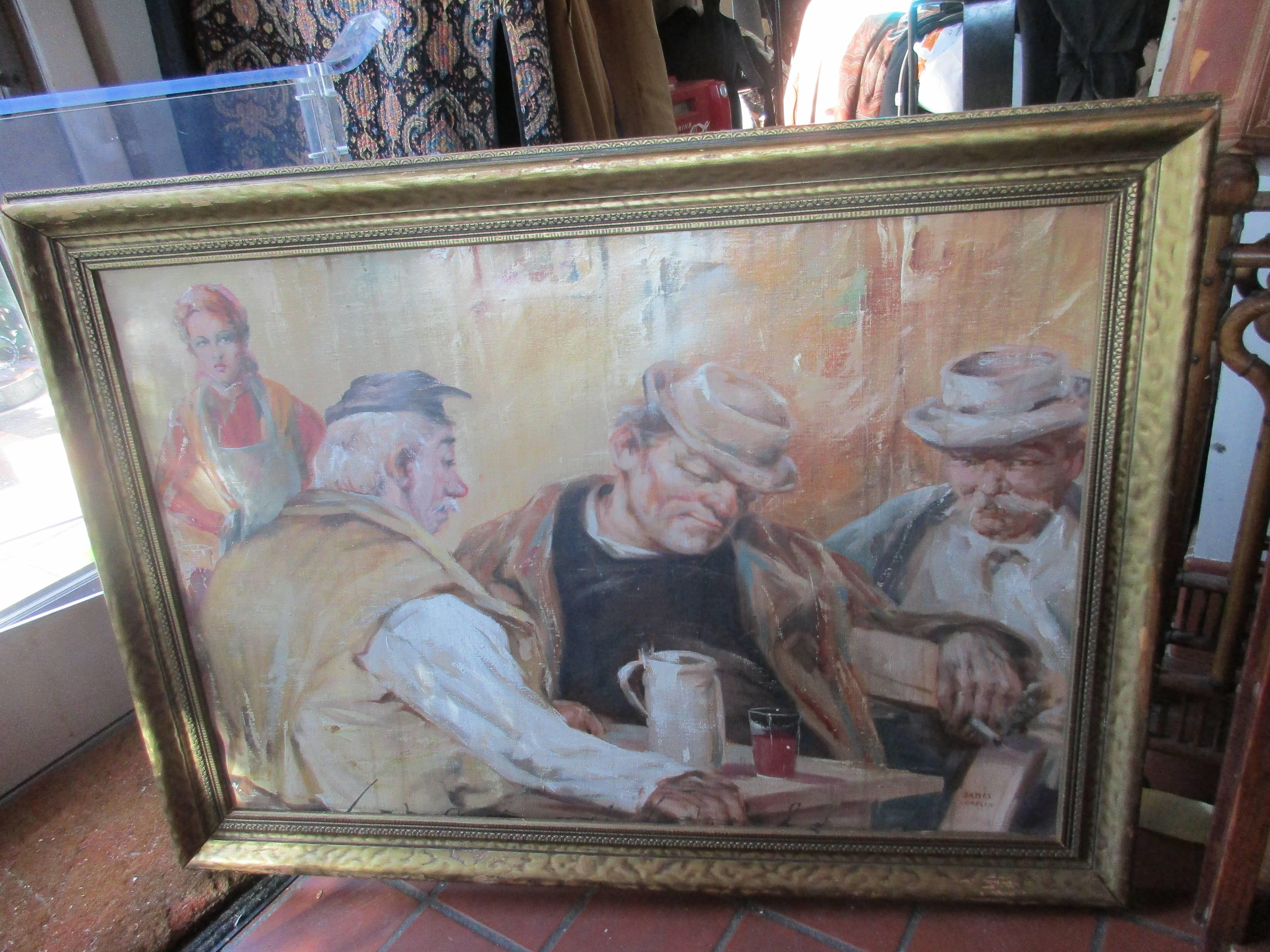 Peint à la main Huile sur toile - Scène de bar de James Carlin en vente