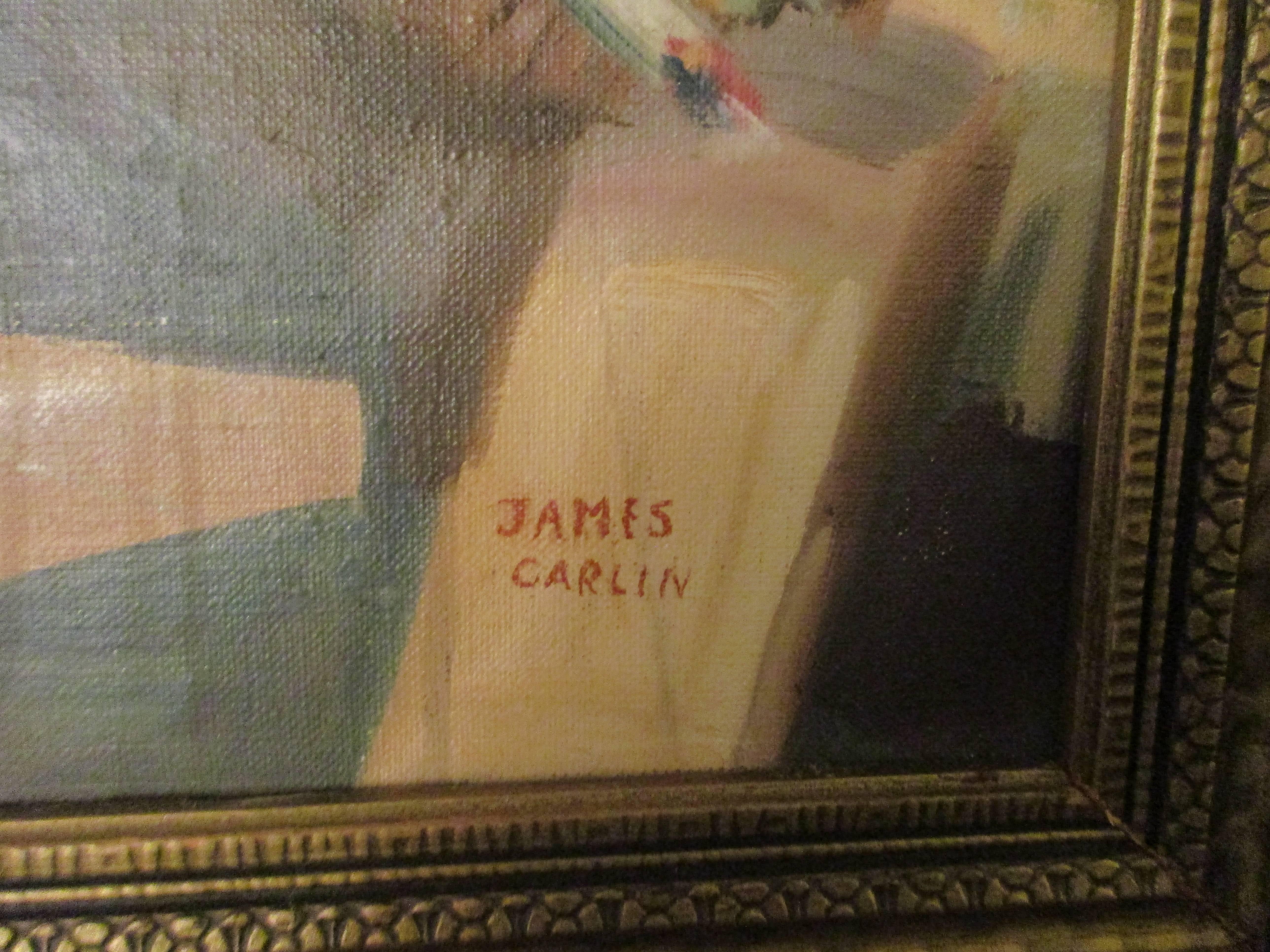20ième siècle Huile sur toile - Scène de bar de James Carlin en vente