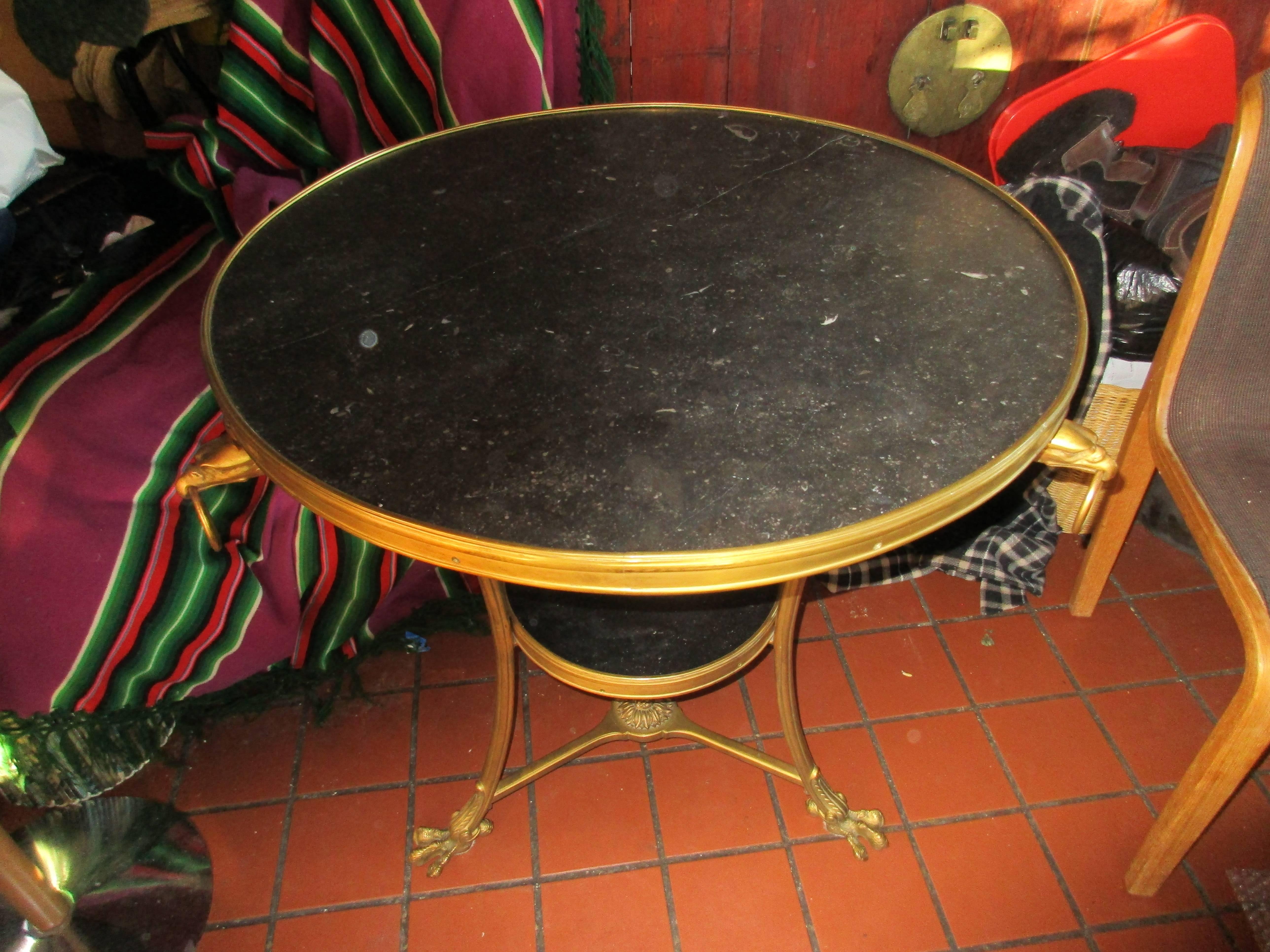 Antique French gilt bronze and marble Gueridon center/side table with eagle heads and feet H 29 x D 29