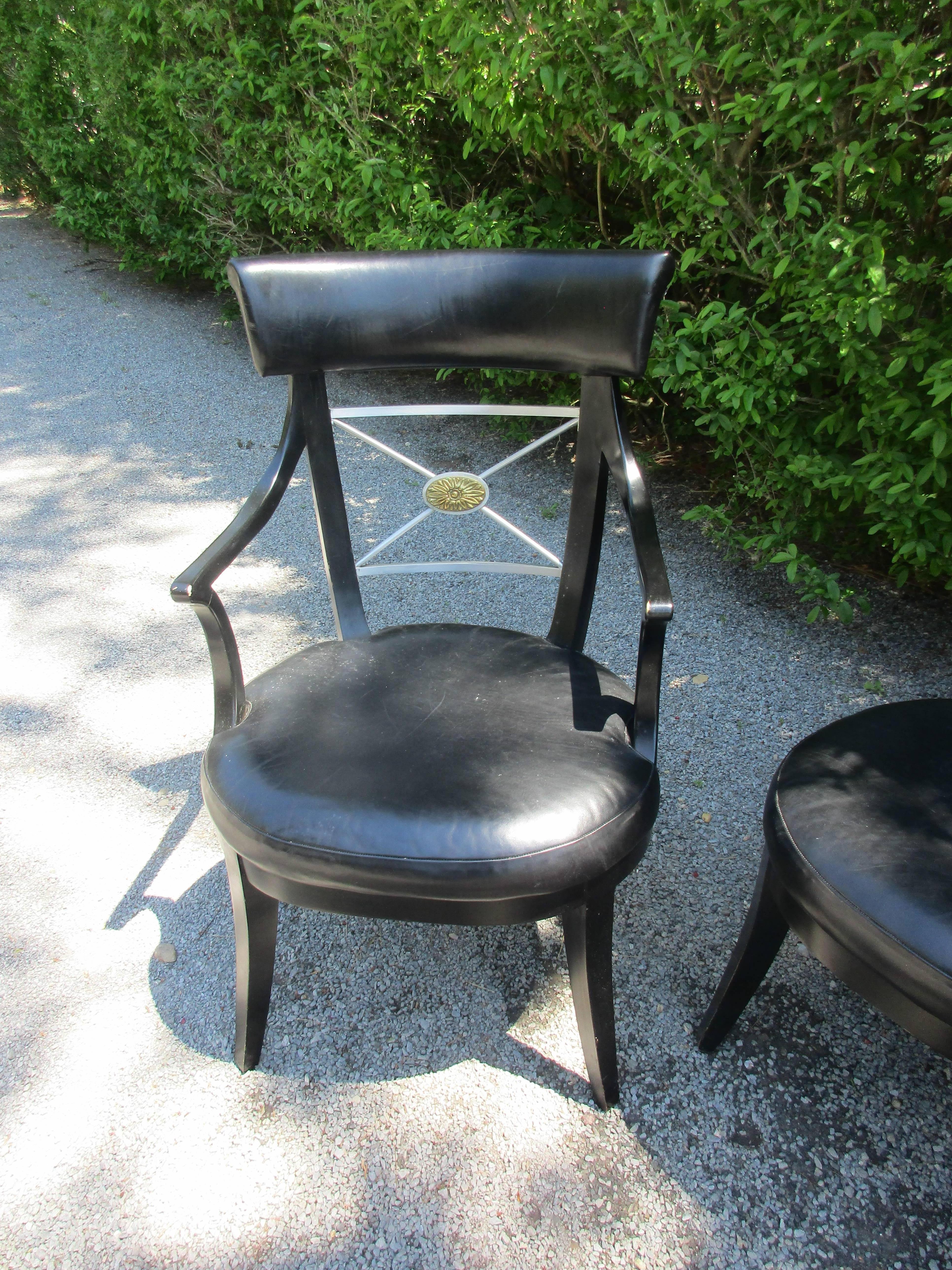 Mid-Century Modern Set of Six Mid Century Neoclassical Black Leather and Bronze Dining Chairs For Sale