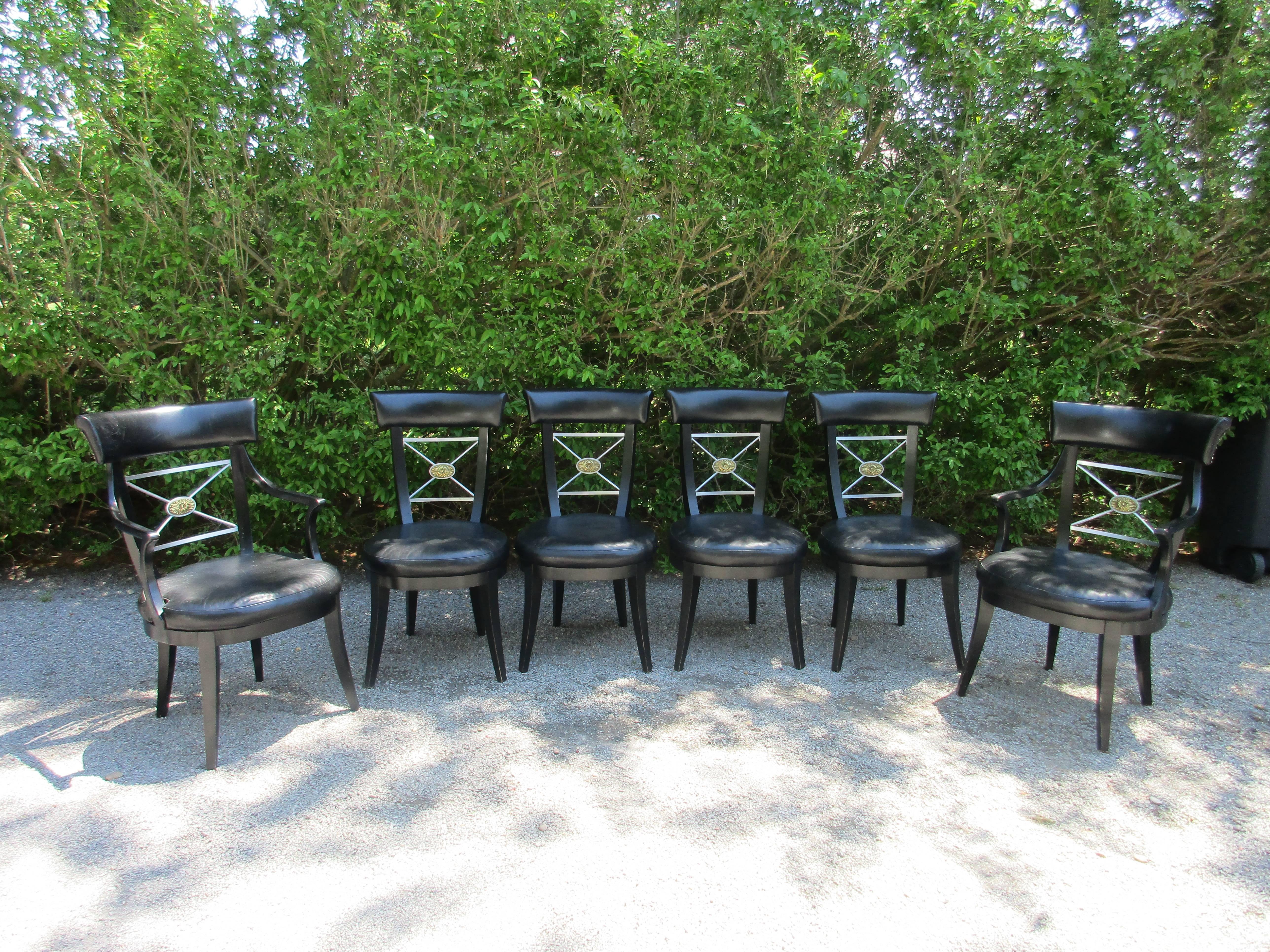 Hand-Crafted Set of Six Mid Century Neoclassical Black Leather and Bronze Dining Chairs For Sale