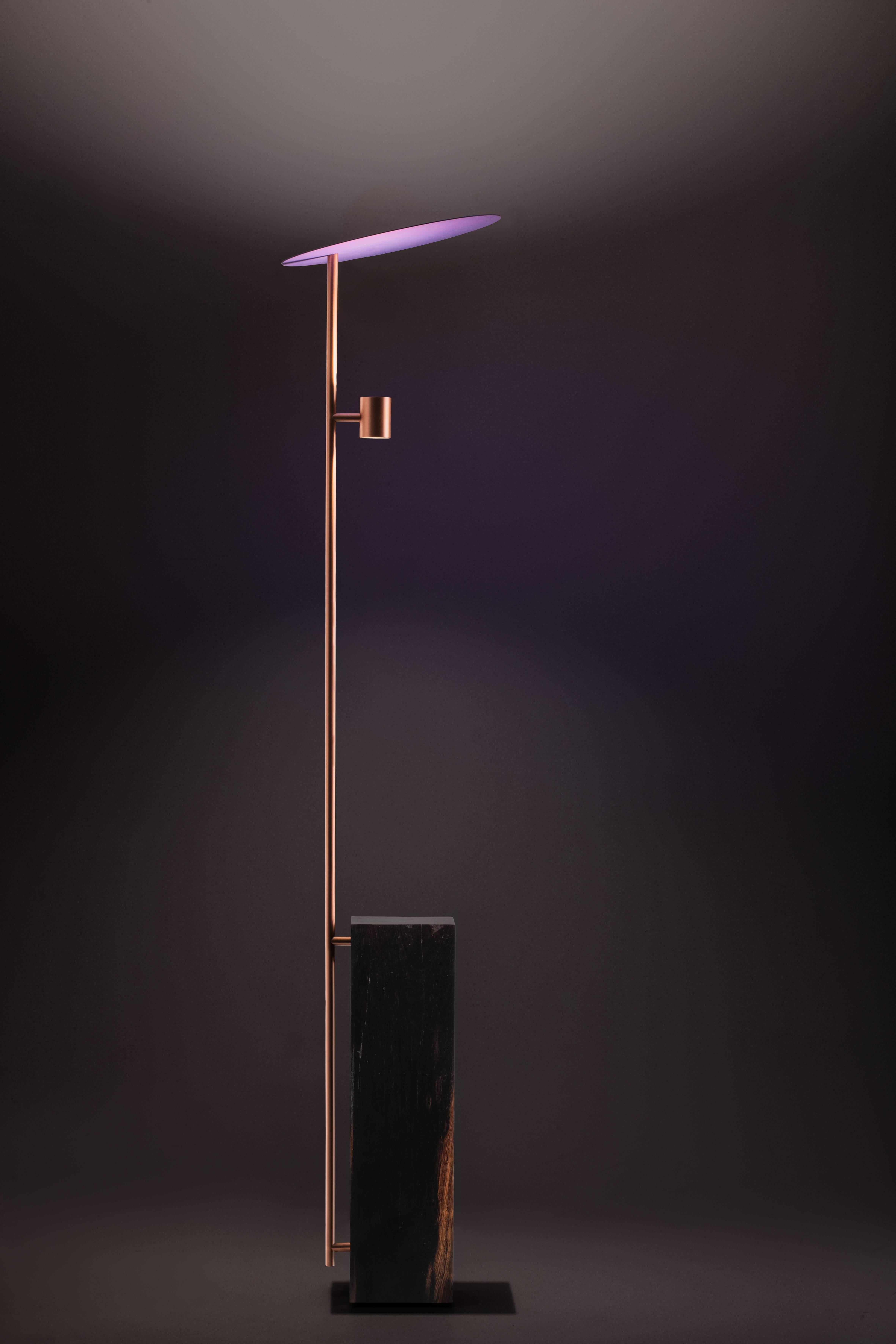 Limited edition 2 of 25

Floor lamp is made with a reclaimed wooden base, brushed copper stem, purple niobium reflector, led 8.4W 200k bulb.

Measurement Ø 14