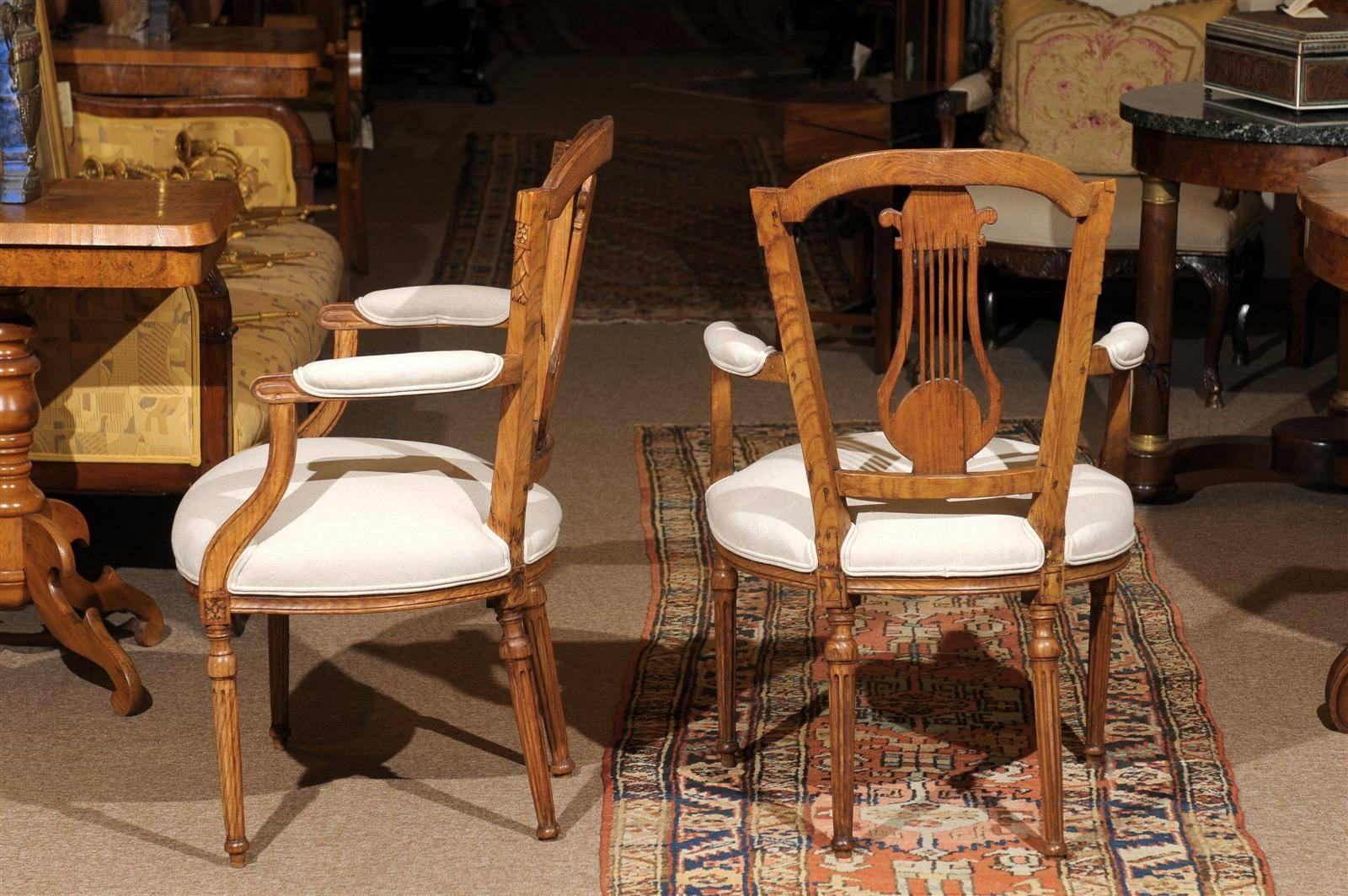 Late 18th Century Neoclassical Period Pair of Ashwood Armchairs with Carved Lyre Splat, circa 1790 For Sale