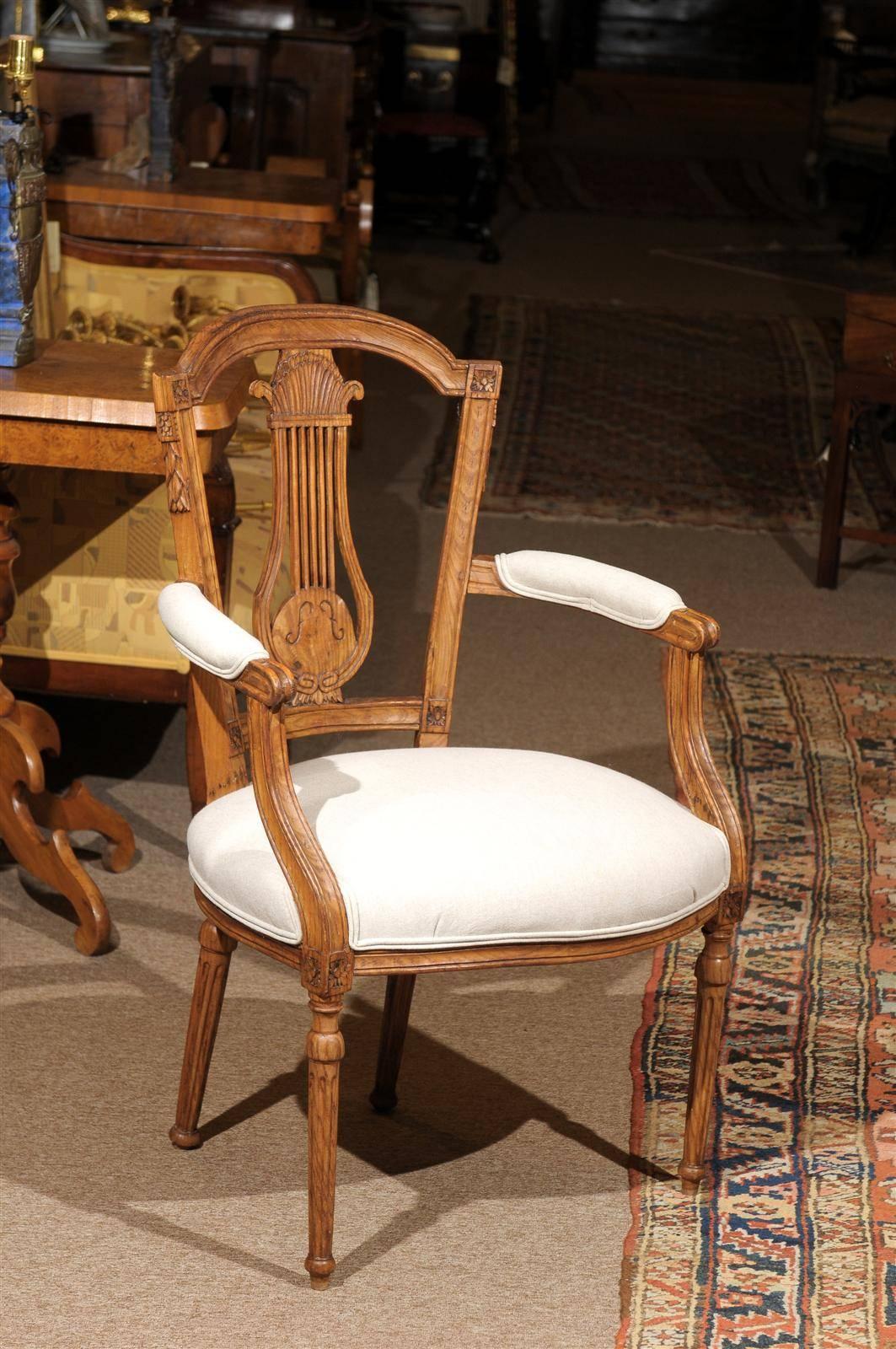 Italian Neoclassical Period Pair of Ashwood Armchairs with Carved Lyre Splat, circa 1790 For Sale