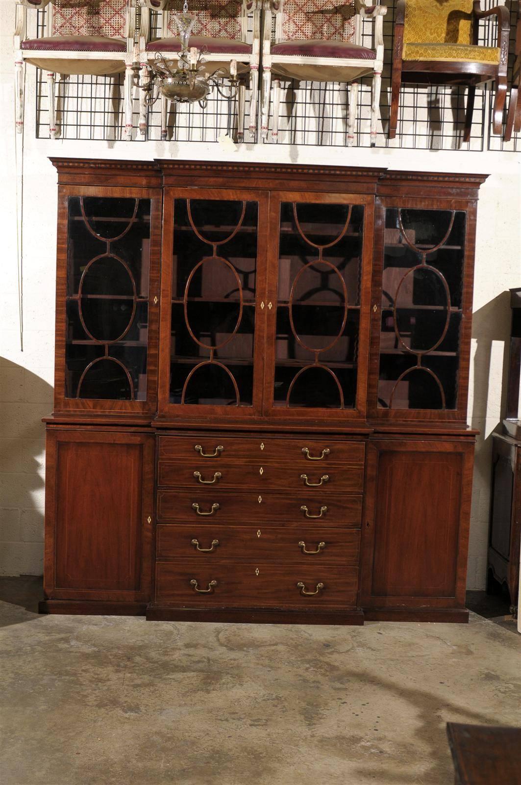 19th century English mahogany breakfront bookcase.