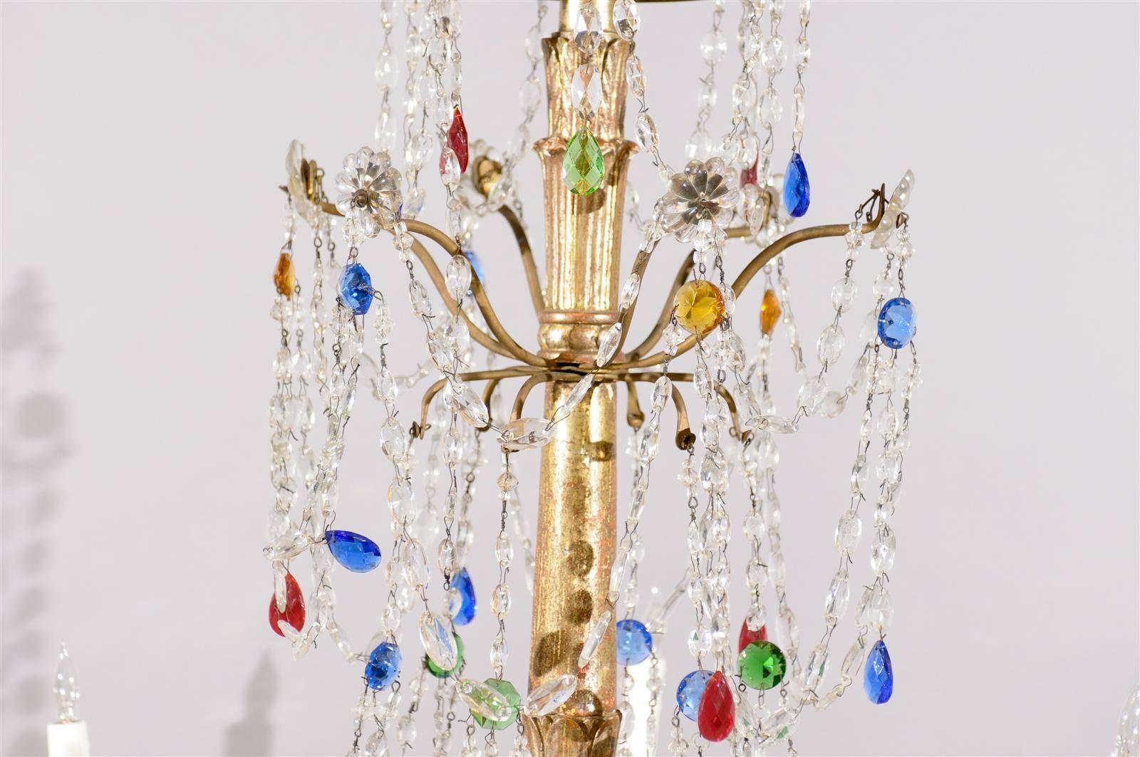 Early 20th Century Italian Neoclassical Style Giltwood & Multicolored Crystal Six-Light Chandelier