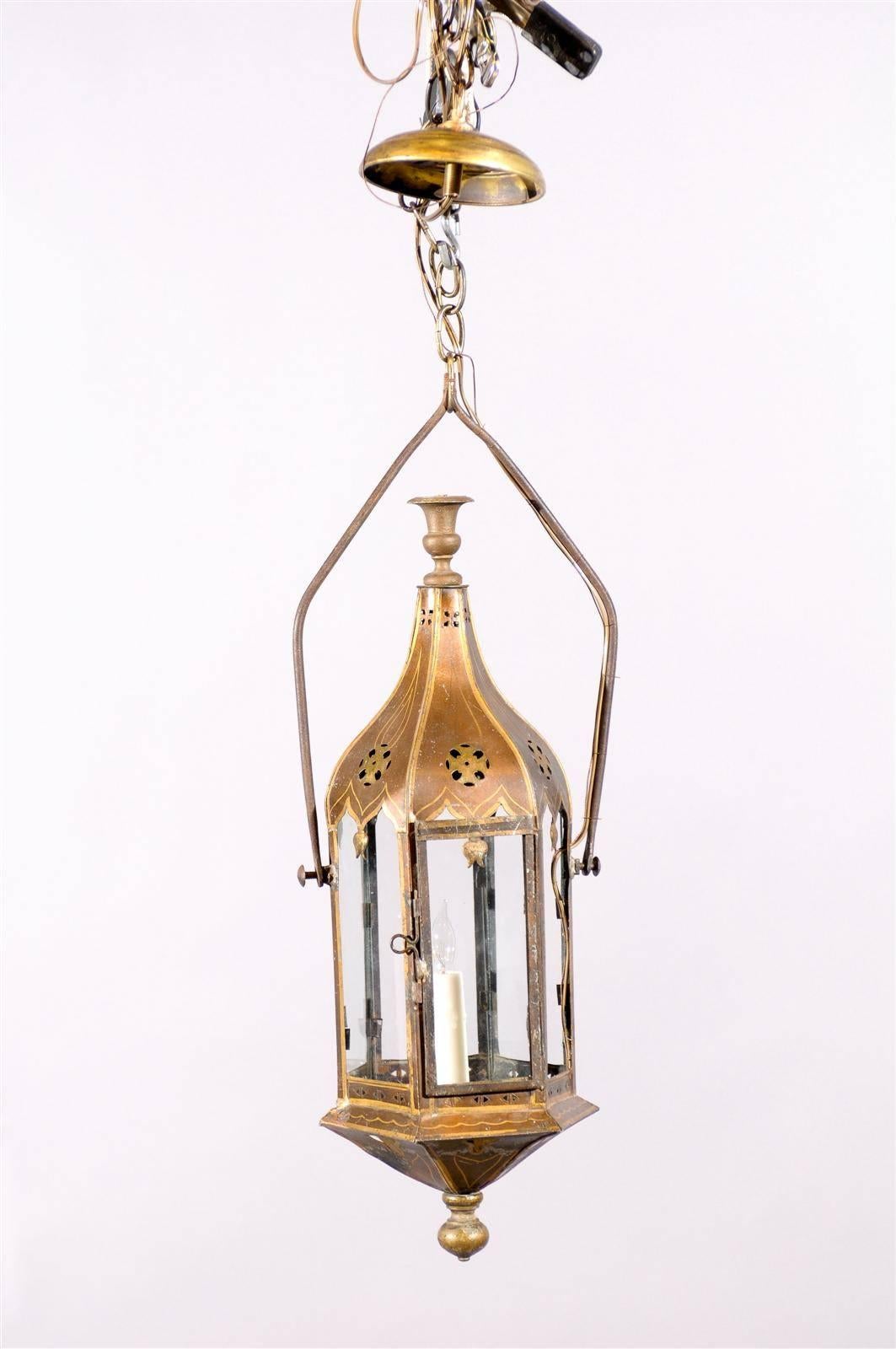 19th century French hexagonal shaped single (1-light) lantern in brown and gold painted tole.