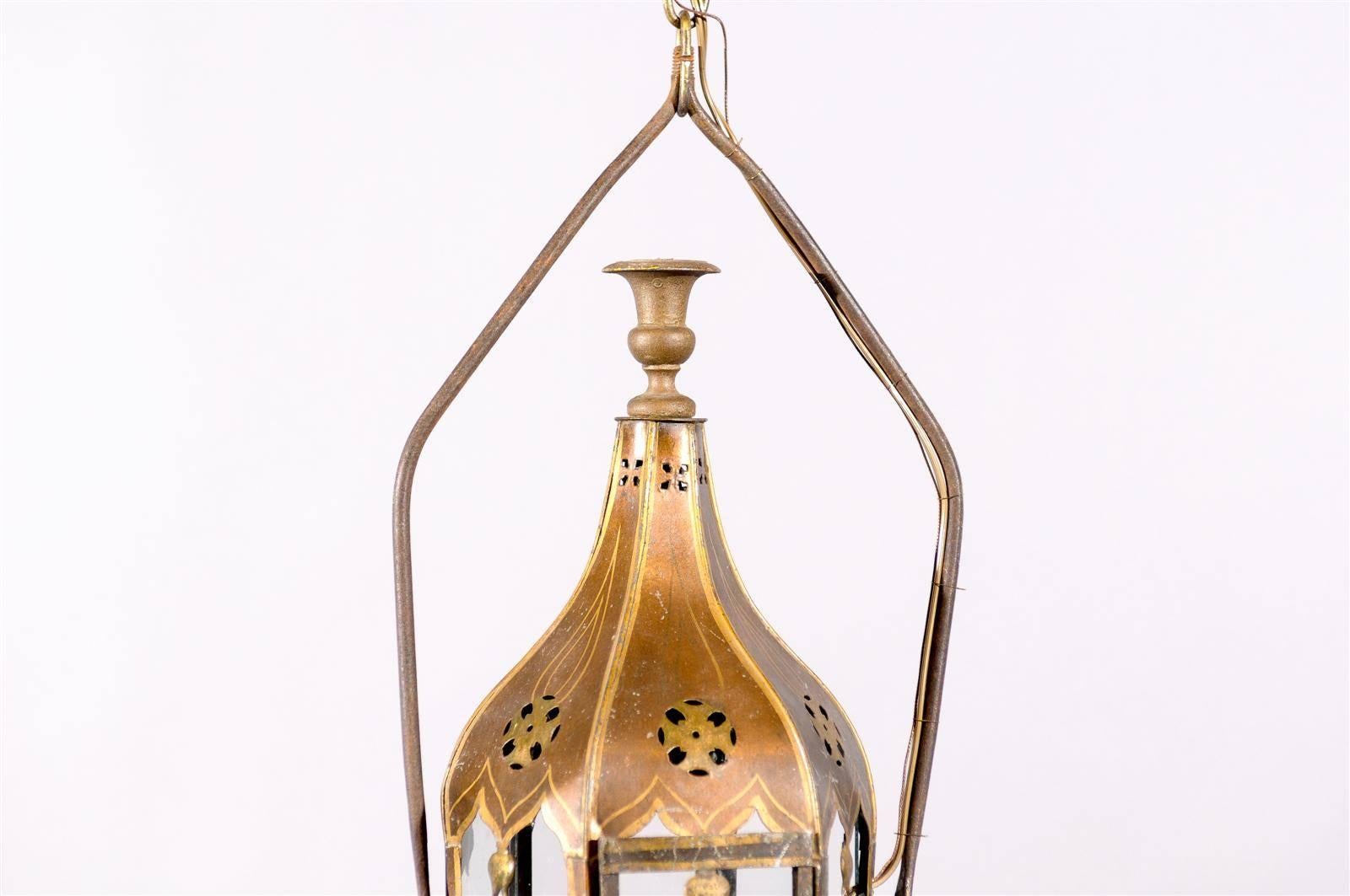 French Hexagonal Painted Tole Single Light Lantern, France, 19th Century