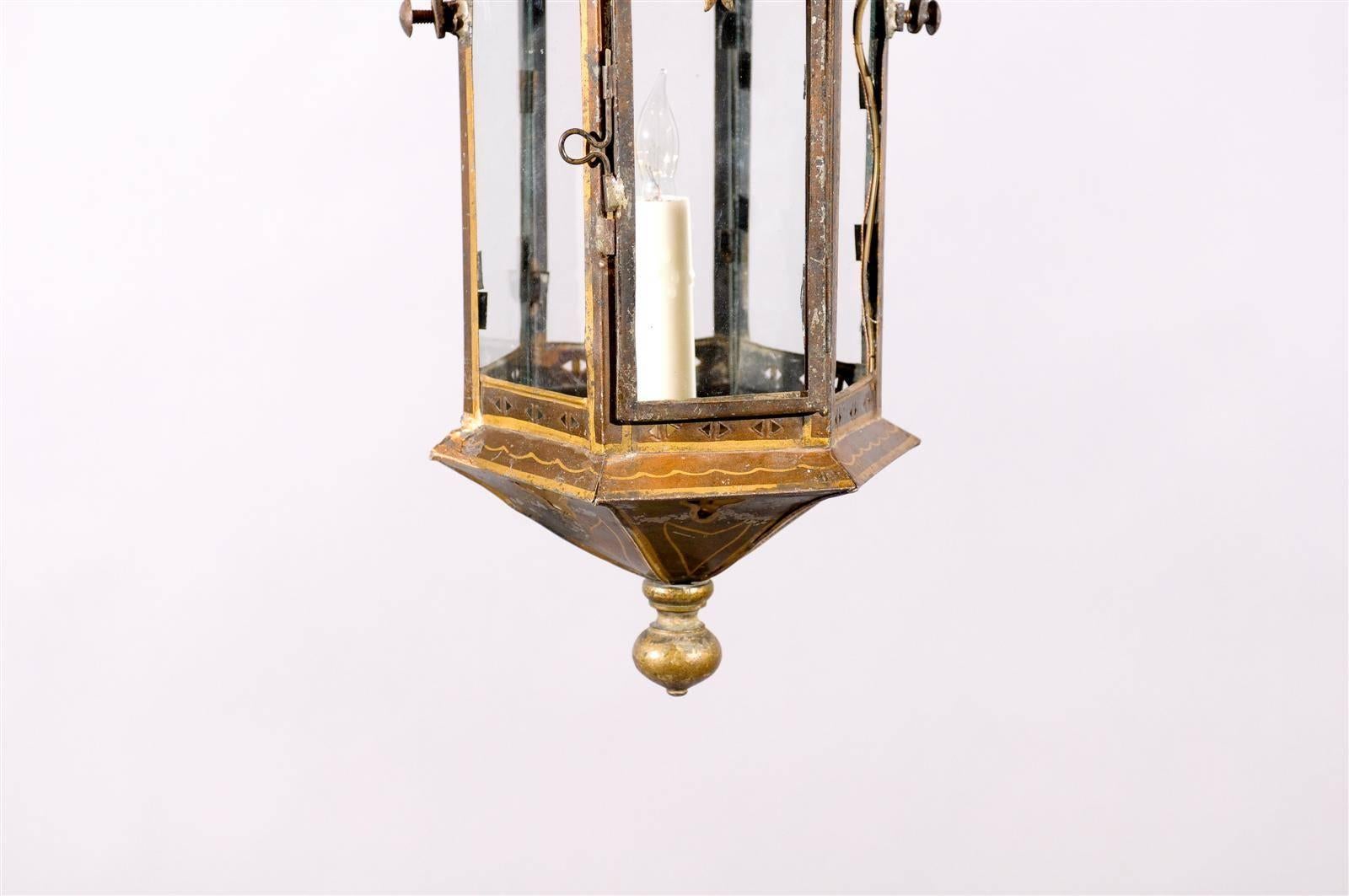 Metal Hexagonal Painted Tole Single Light Lantern, France, 19th Century