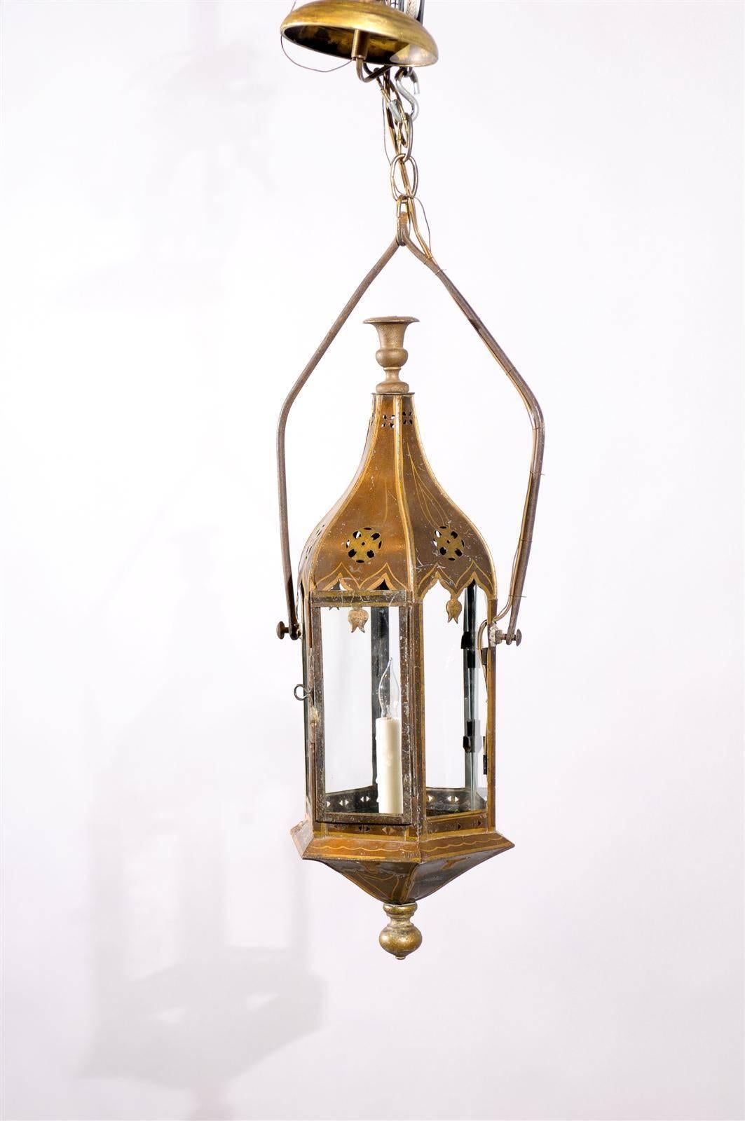 Hexagonal Painted Tole Single Light Lantern, France, 19th Century 1