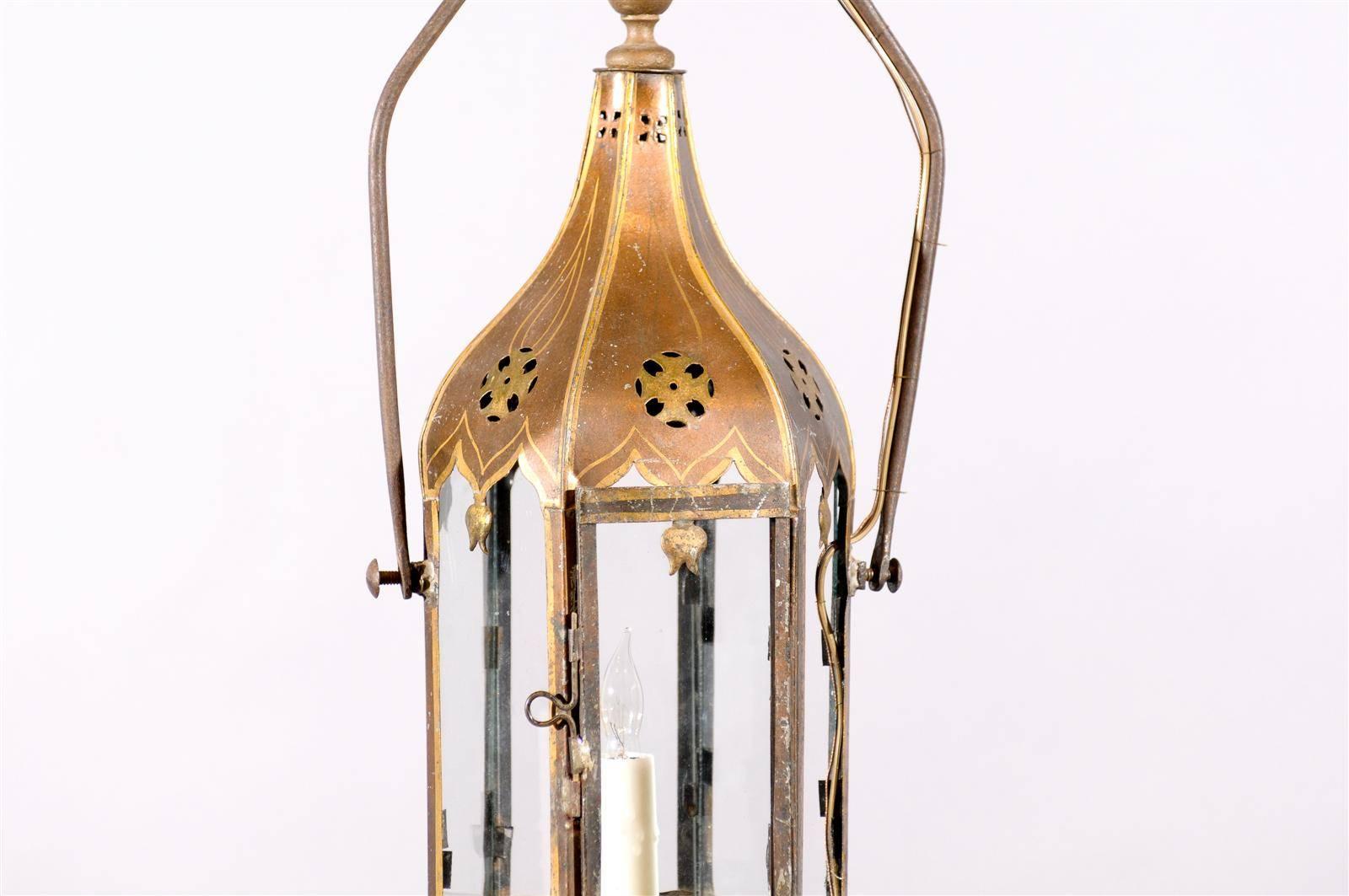 Hexagonal Painted Tole Single Light Lantern, France, 19th Century 3