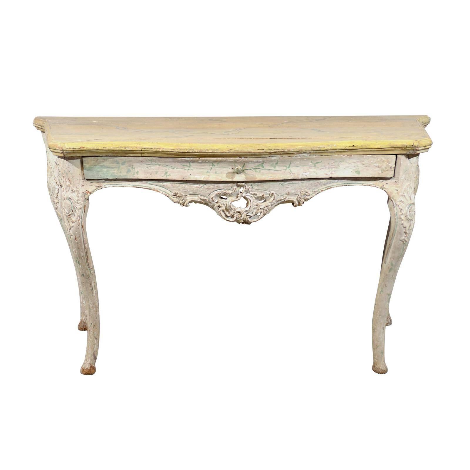 Large 18th Century Italian Rococo Painted Console with Serpentine Shape & Drawer