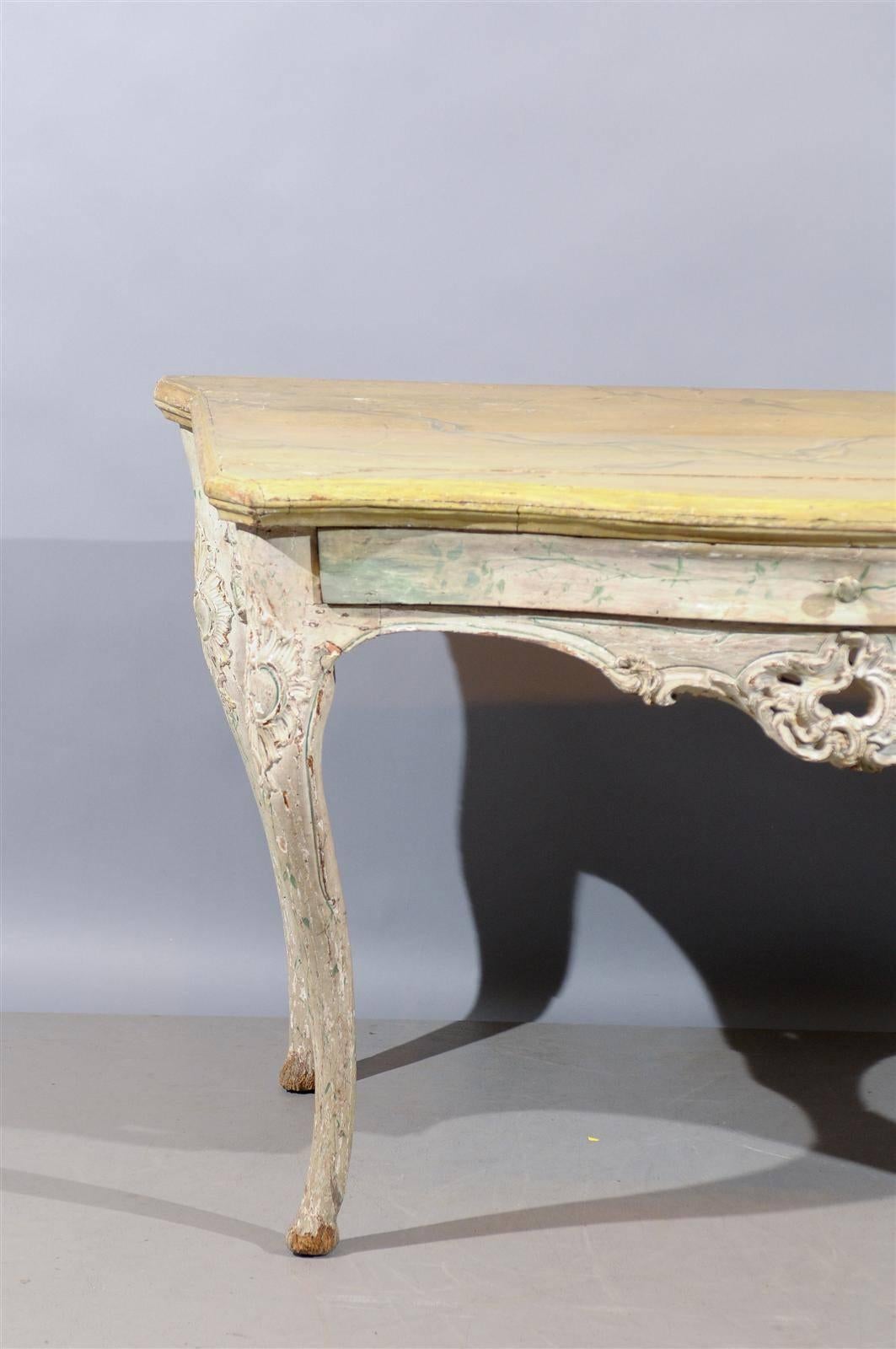 18th Century and Earlier Large 18th Century Italian Rococo Painted Console with Serpentine Shape & Drawer