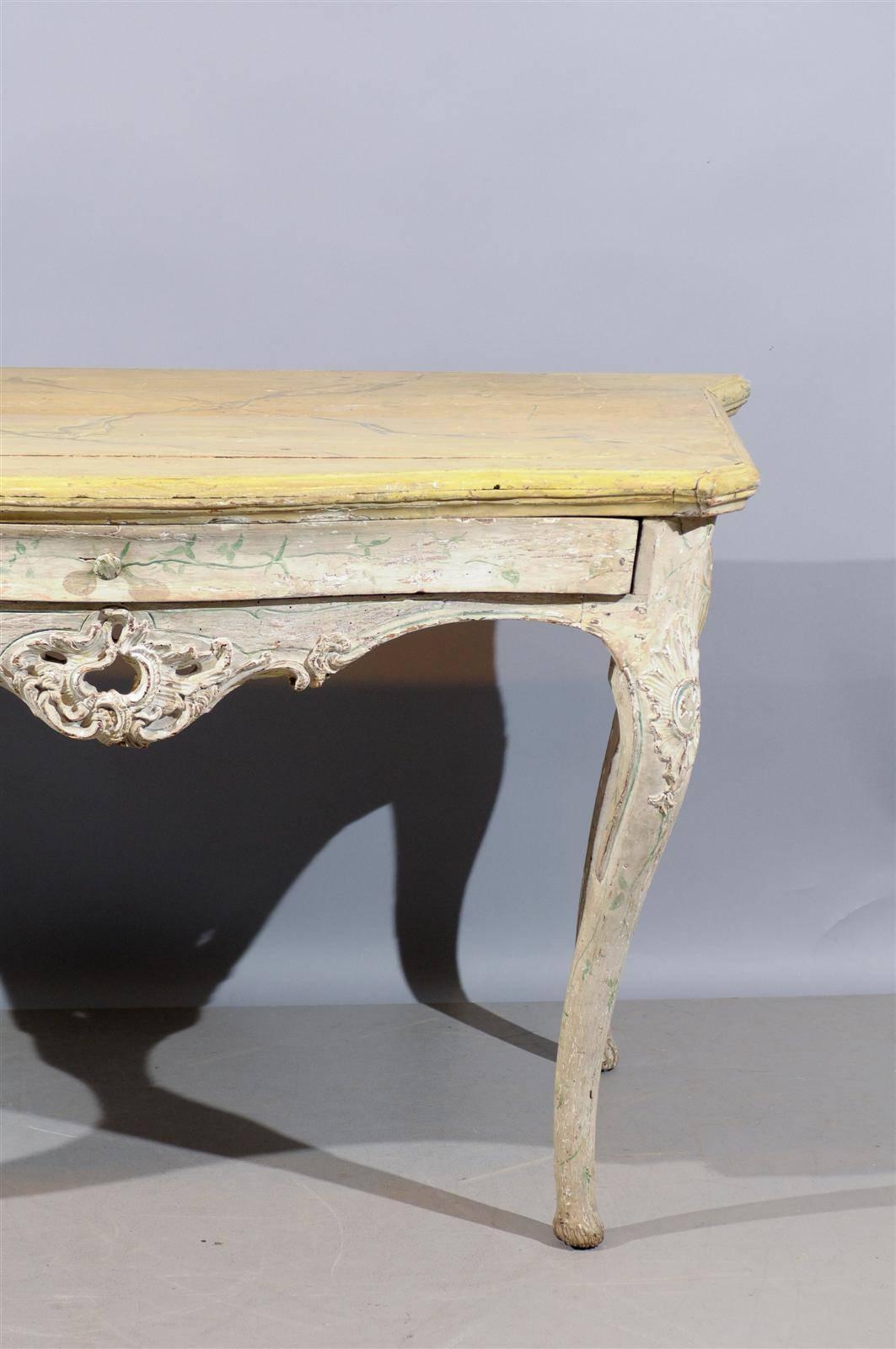 Wood Large 18th Century Italian Rococo Painted Console with Serpentine Shape & Drawer