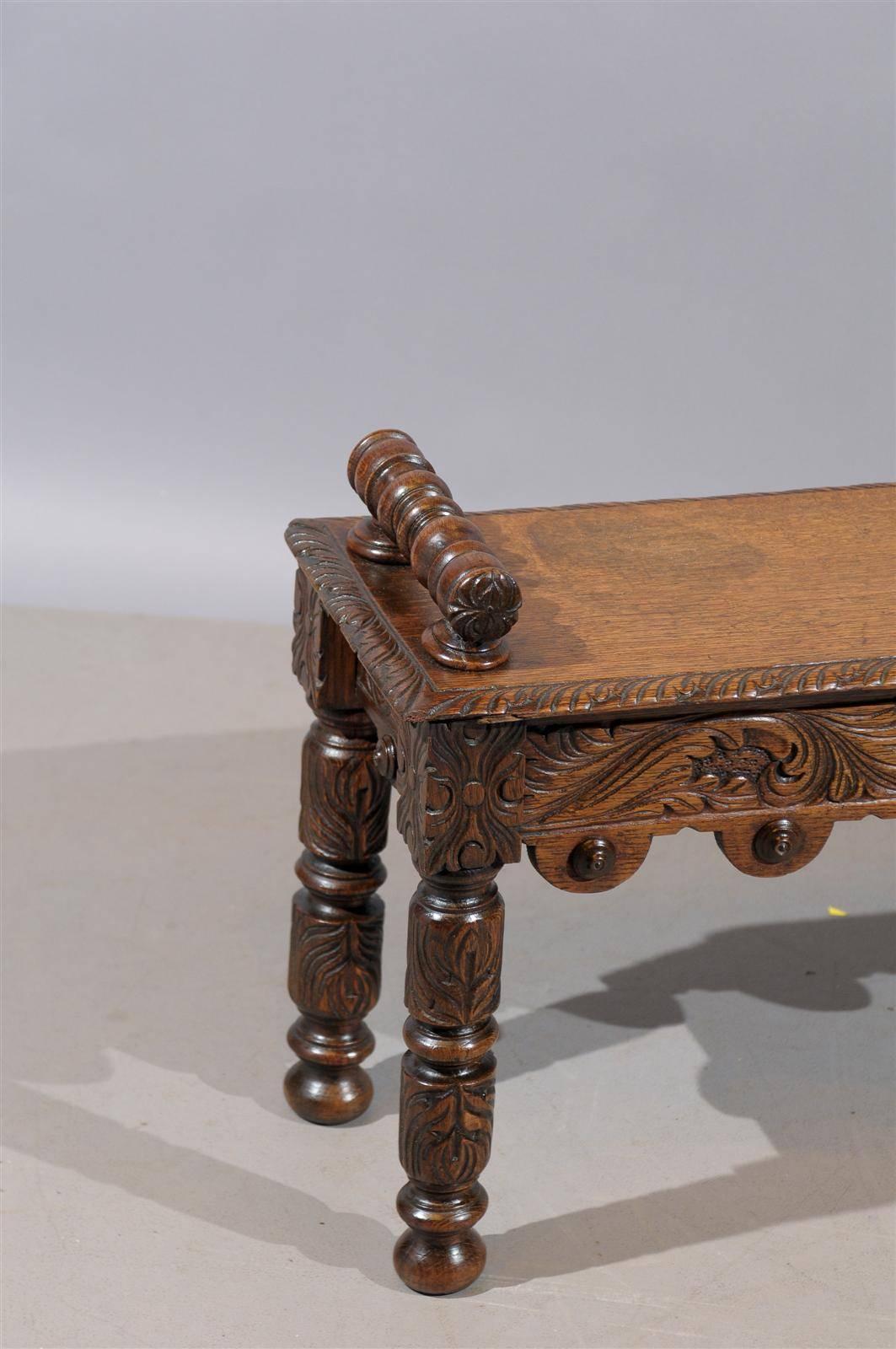 English Oak Hall Bench with Handles and Carved Decoration, circa 1890 1