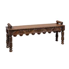 English Oak Hall Bench with Handles and Carved Decoration, circa 1890