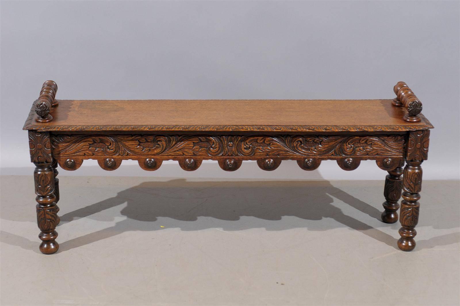 English Oak Hall Bench with Handles and Carved Decoration, circa 1890 In Excellent Condition In Atlanta, GA