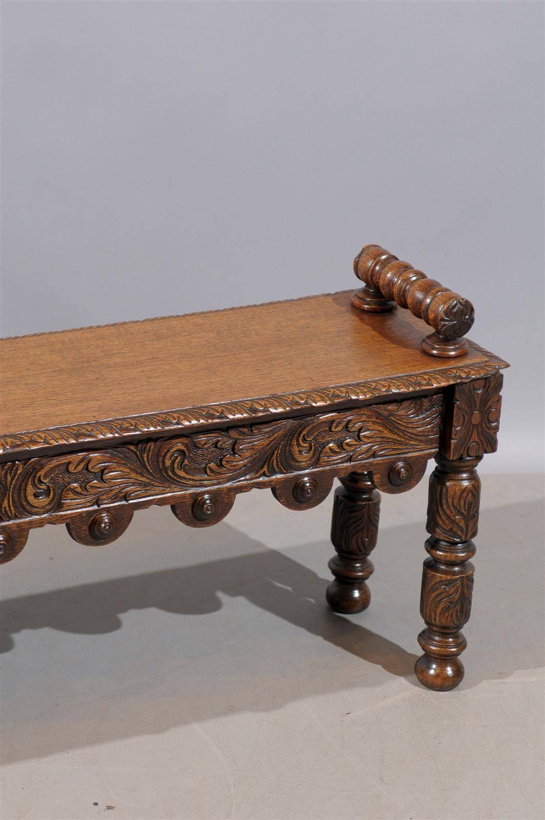 English Oak Hall Bench with Handles and Carved Decoration, circa 1890 2