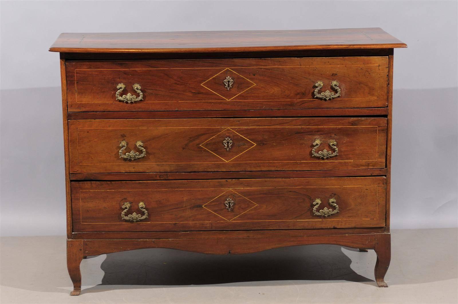 18th Century and Earlier Italian 18th Century Walnut Commode with Diamond Inlay and Three Drawers