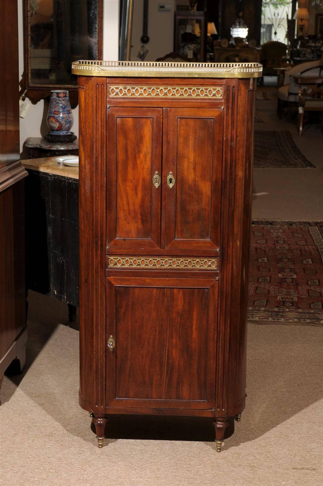 Early 19th Century Louis XVI Mahogany Cabinet with Marble Top and Brass Gallery, France, circa 1800 For Sale