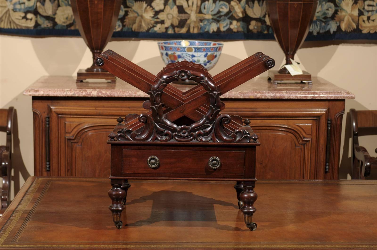 19th Century English Mahogany Canterbury with Drawer and Wreath Design For Sale 2